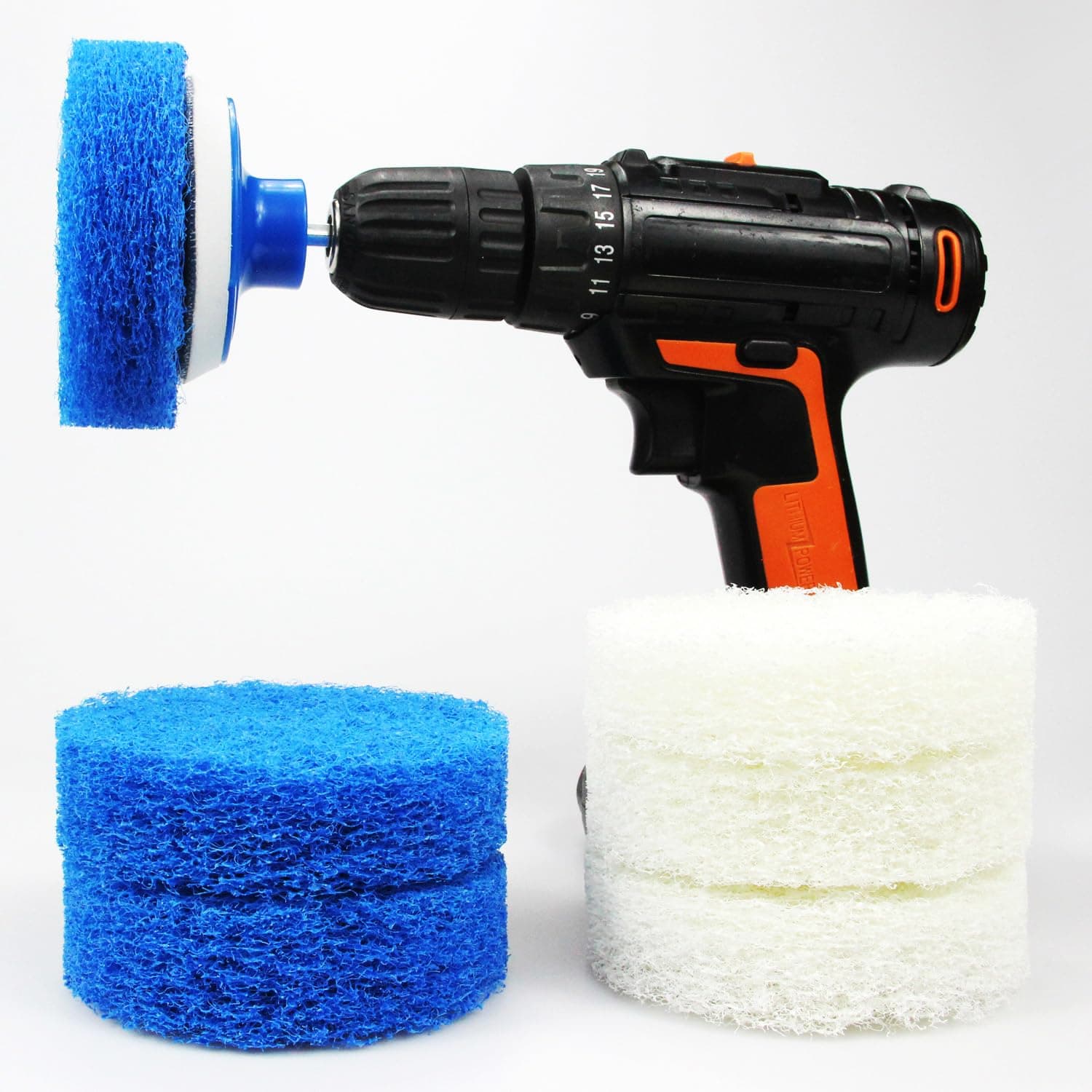 7 Piece Drill Brush Attachment Set - Power Scrub Pad Cleaning Kit – Power Scrubbing Drill Attachment - Cleaning Scouring Pads (Blue and White)