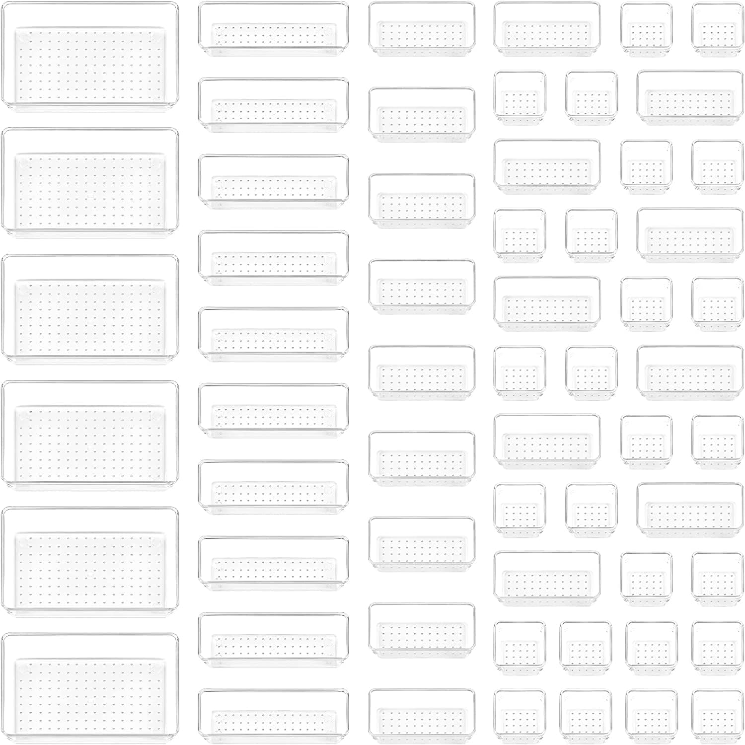 Clear Plastic Drawer Organizers Set, 4-Size Versatile Bathroom and Vanity Drawer Organizer Trays, Storage Bins for Makeup, Bedroom, Kitchen Gadgets Utensils and Office (58PCS)