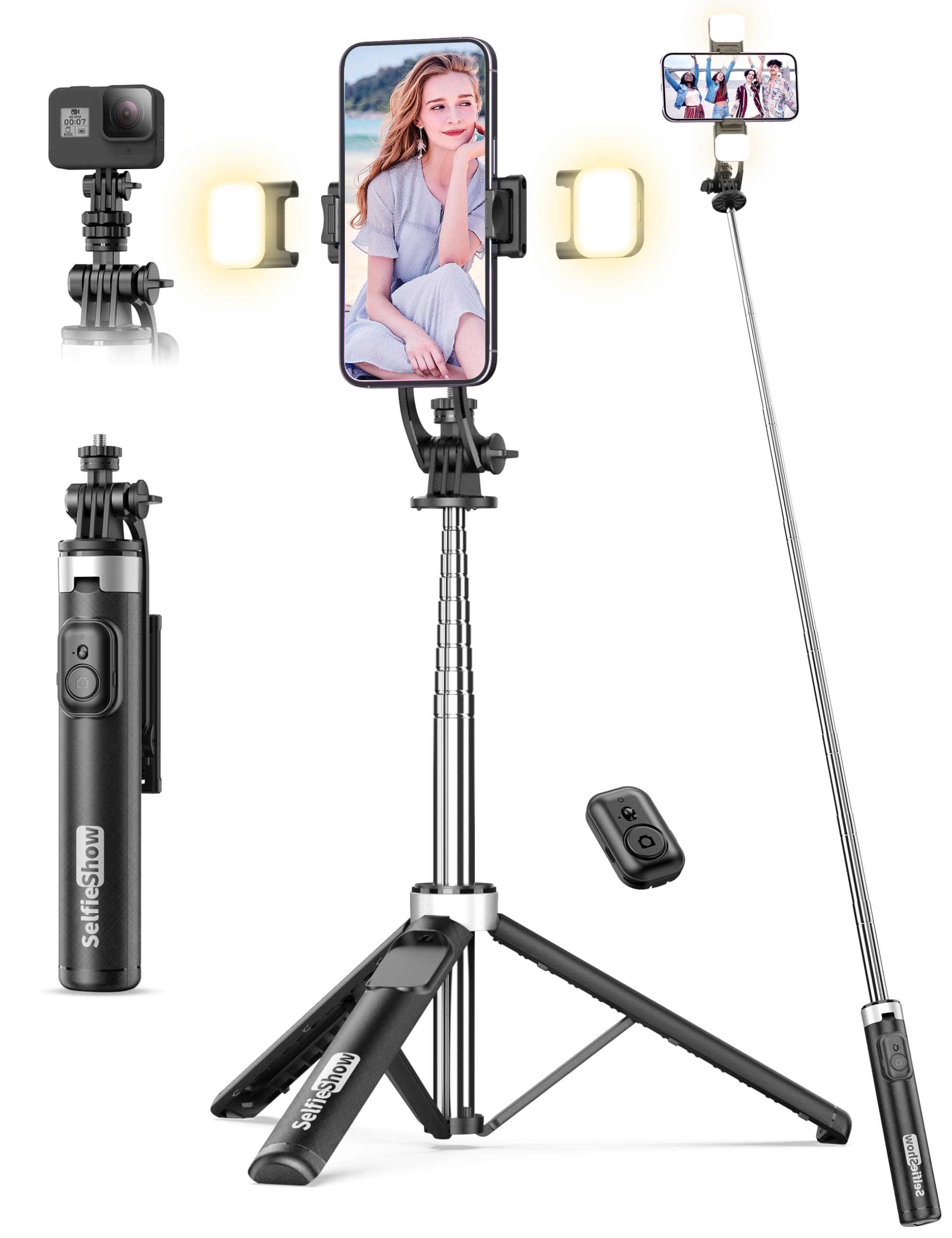 53'' Selfie Stick Tripod with Light, Extendable Selfie Stick with Remote, Portable Cell Phone Tripod Stand with All in 1 Phone Clip, Lightweight Camera Tripod Compatible with iPhone 17 16 15, Android