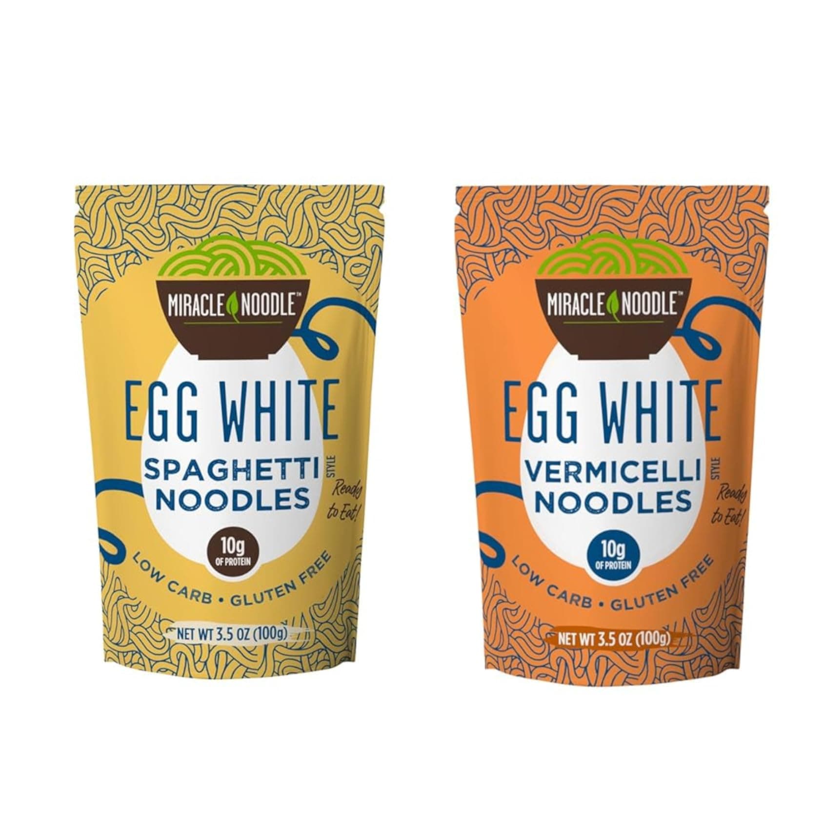 Miracle Noodle Egg White Pasta Variety Pack, 3.5 Oz (Pack of 6), Spaghetti, Vermicelli Angel Hair, Ready to Eat Egg White Noodles, 10g Protein, 45 Calories, 1g Net Carbs Per Serving, High Protein, Keto, Gluten-Free