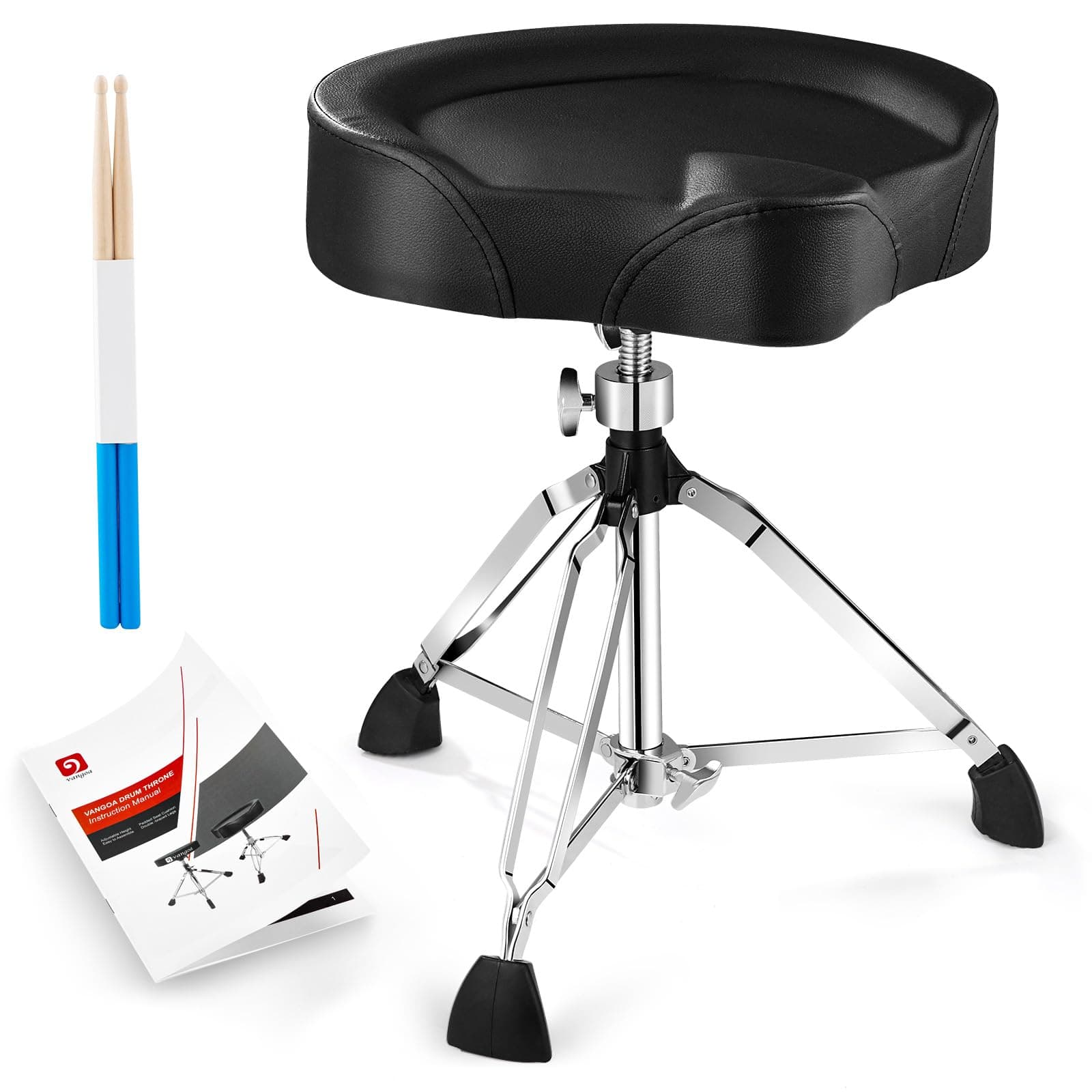 Vangoa Drum Throne Heavy Duty Height Adjustable Motorcycle Style Drum Stool Seat Rotatable Swivel Padded Double-Braced Drummer Chair for Adults with Anti-Slip Feet and 5A Drumsticks
