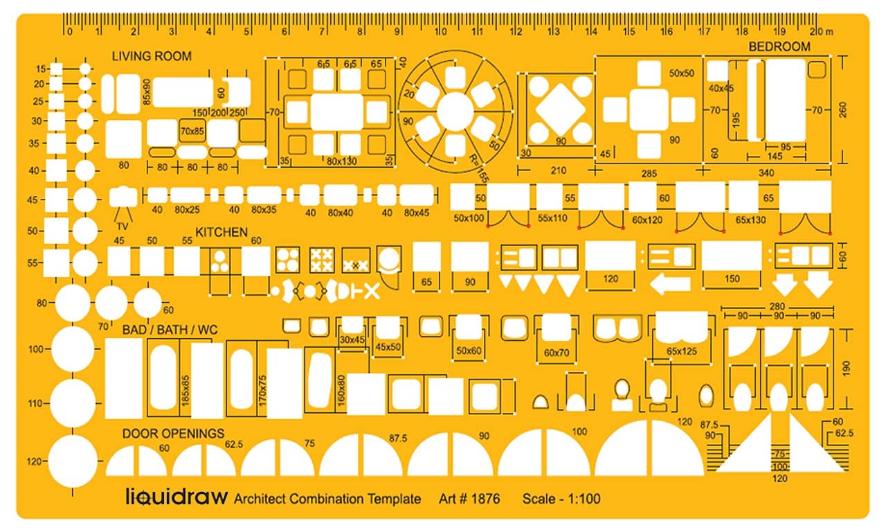 Liquidraw 1:100 Scale Architectural Scale Ruler Drawing Template Stencil Architect Technical Drafting Supplies, Architecture Furniture Design Symbols for House Interior Floor Plan