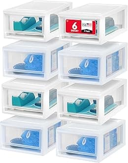 IRIS USA 6 Qt. Plastic Drawer Storage Organizer Stacking Drawers, 8-Pack, Stackable Unit with Sliding Drawer for Clothes Bedroom Kitchen Under Sink Pantry Craft Room Bathroom Dorm Office, White