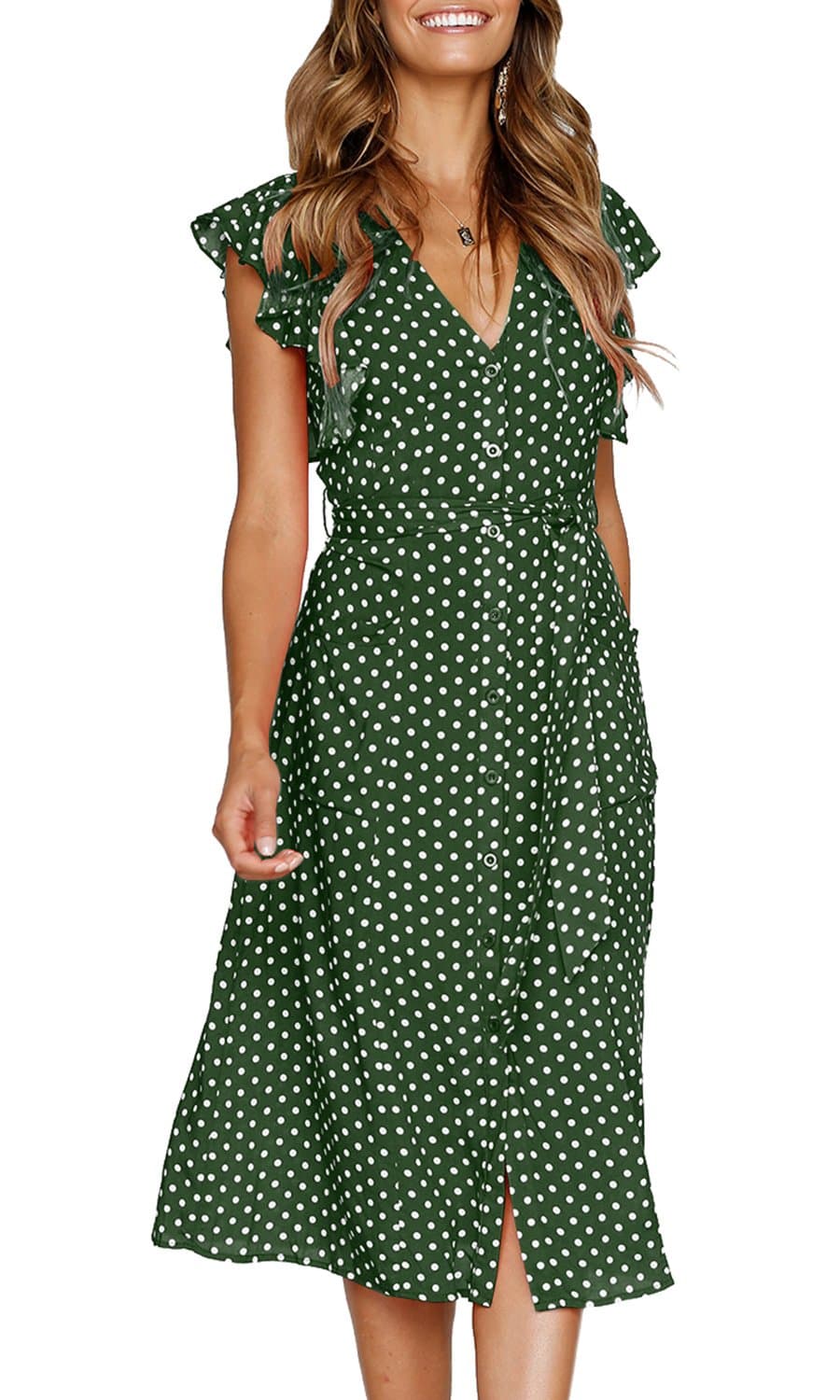 MITILLY Women's Boho Polka Dot Flutter Short Sleeve V Neck Button Down Swing Midi Dress with Pockets, 05 Green, Medium