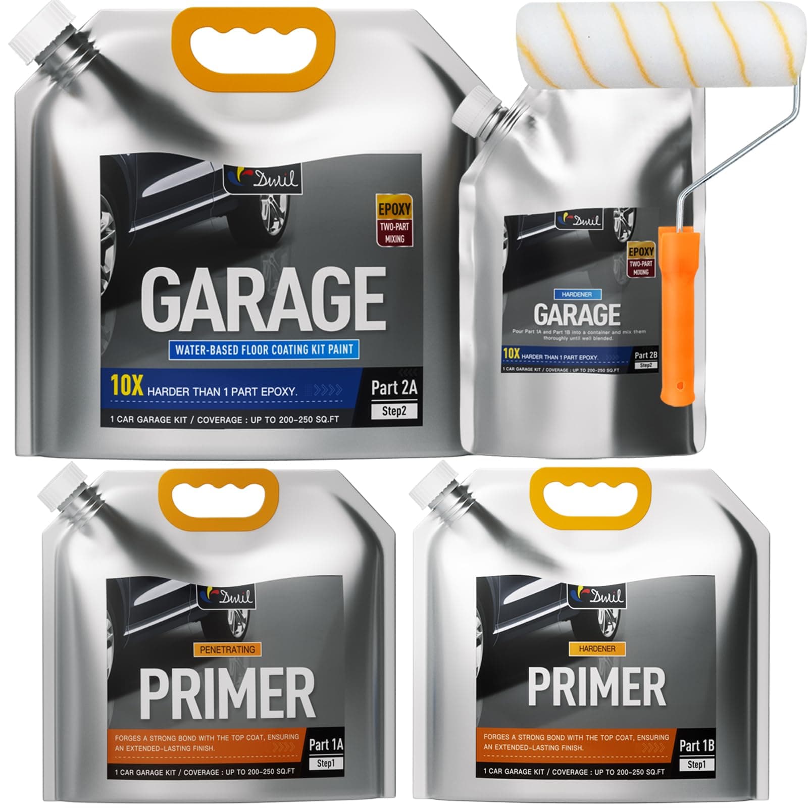 DWIL Water-Based Epoxy Garage Floor Paint Kit, High Gloss Coating, Low Odor for Concrete Basement Home, 1 Car Kit, Light Gray