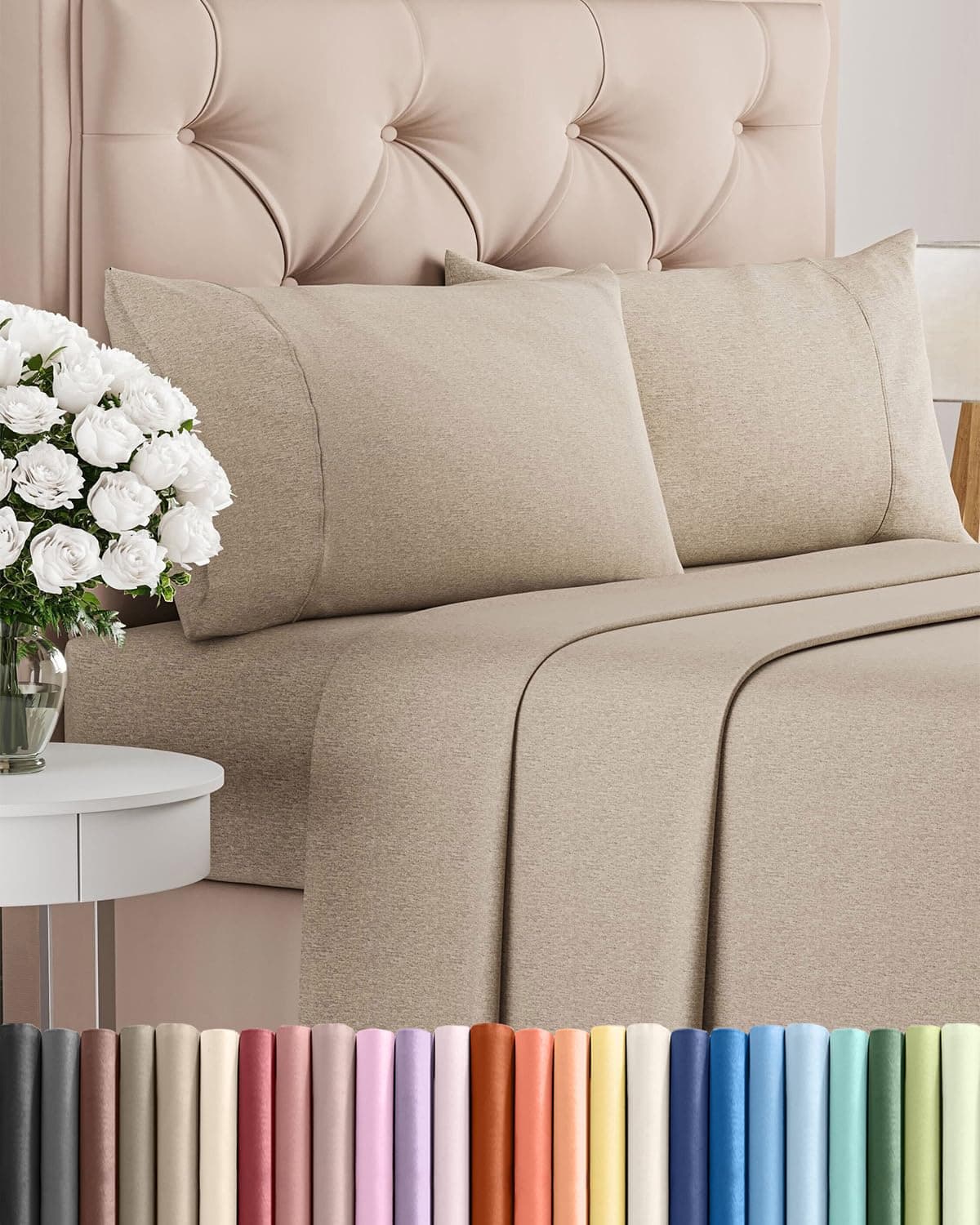 King Size 4 Piece Sheet Set - Comfy Breathable & Cooling Bed Sheets Set - Hotel Luxury Bedding for Women, Men, Kids, Teens, Boys & Girls - Deep Pockets, Soft & Wrinkle Free - Beige (Heathered Sheets)