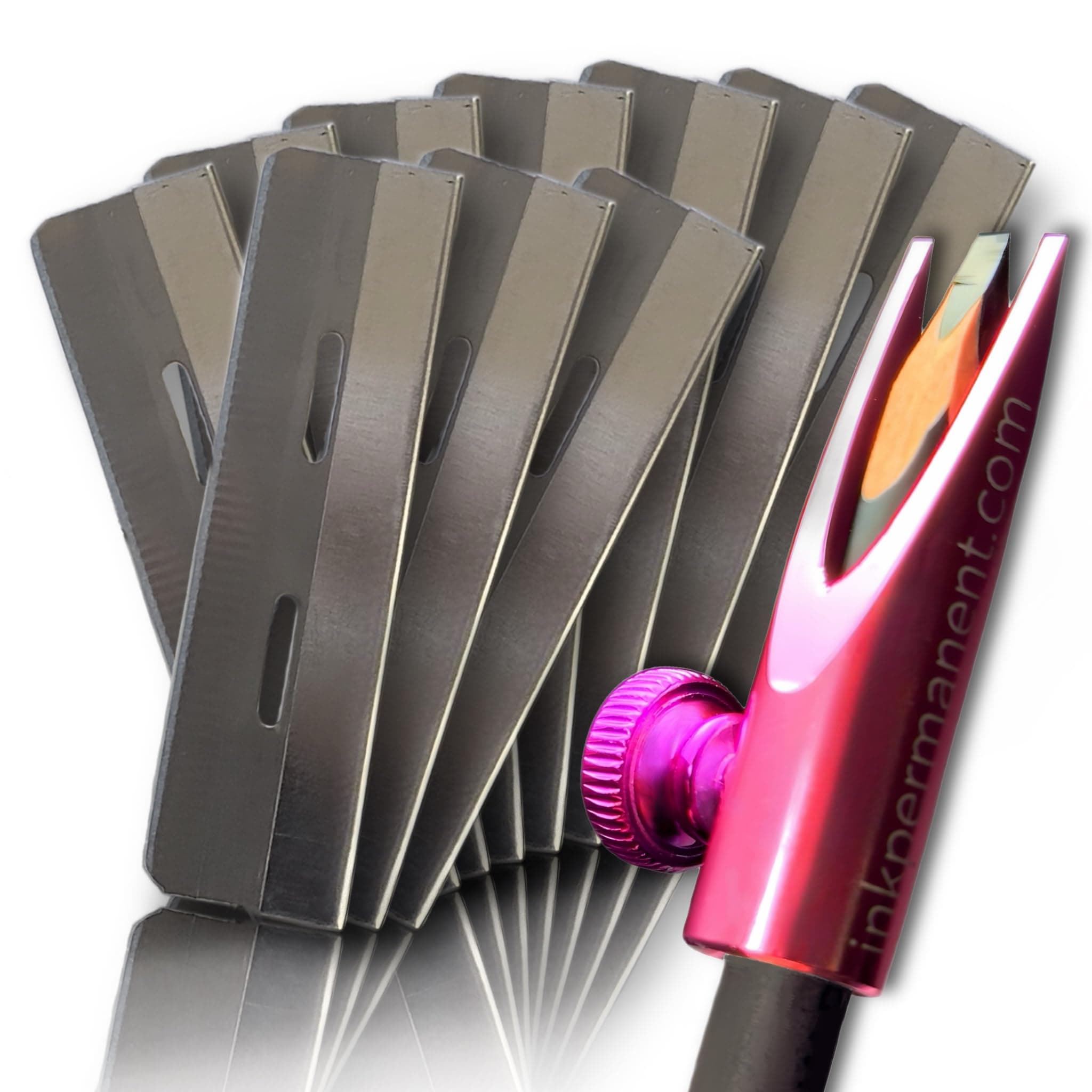 Ink Permanent Metal Eyebrow Mapping Pencil Sharpener | Waterproof Removable Eyebrow Pencil Shaping Tool with 10 Razor Blades (Pink)