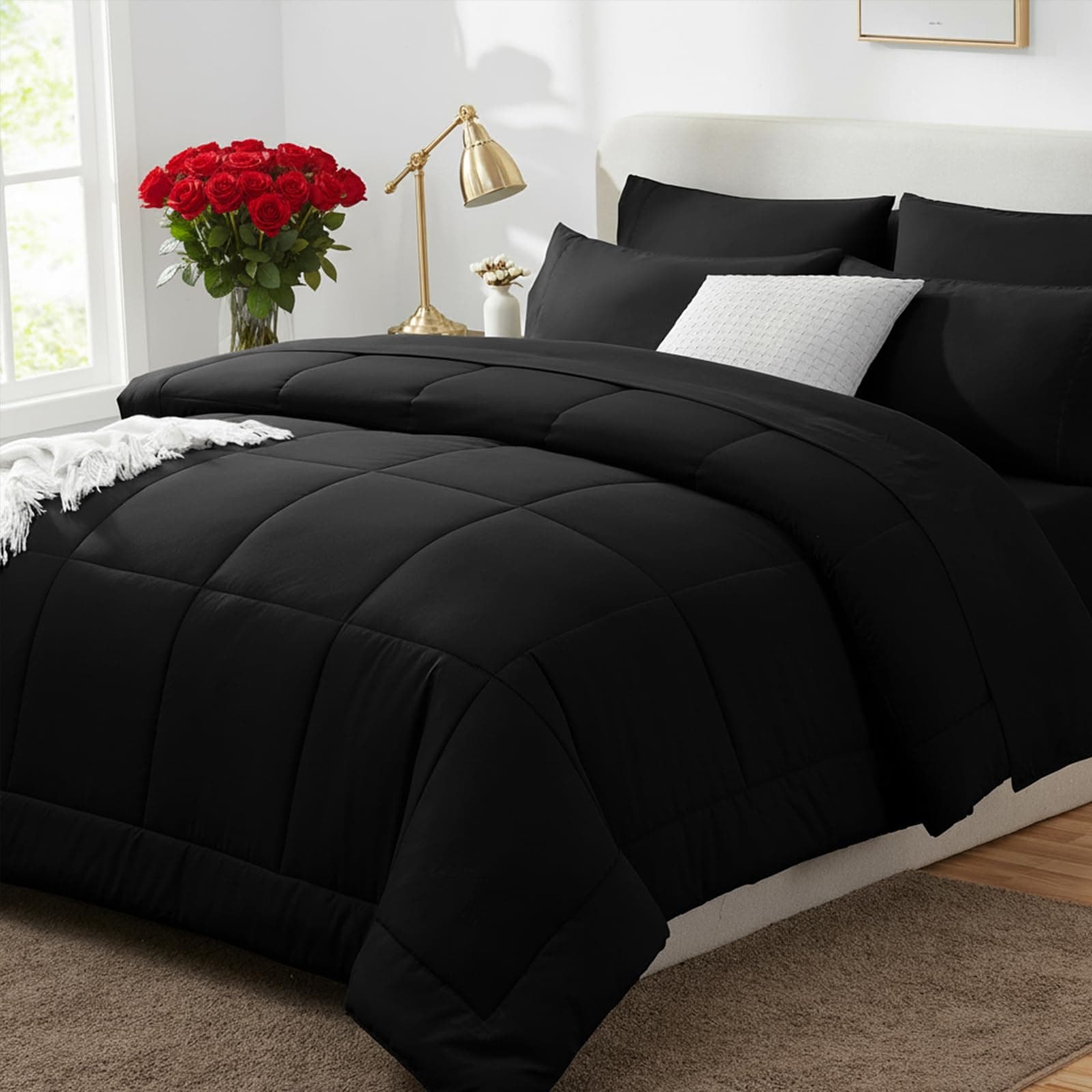 CozyLux Full Size Comforter Sets Black, 7 Pieces Bed in a Bag, Black Comforter Full Size, All Season Bedding Sets with Stitch Quilted Comforter, Flat Sheet, Fitted Sheet, Pillowcases