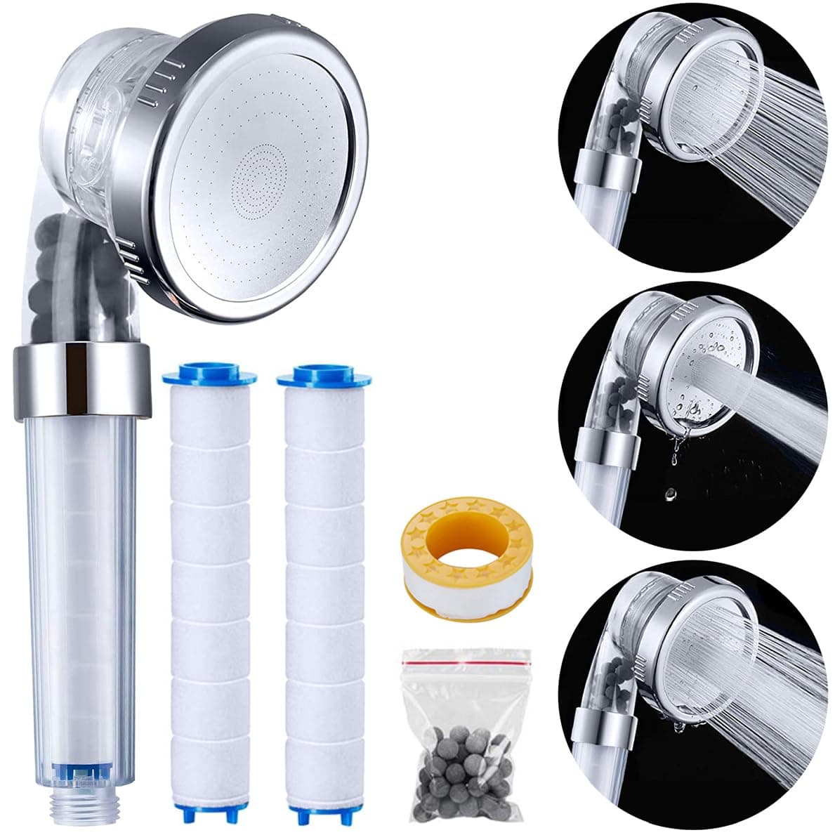 PP Cotton Filter Shower Head, 3 Modes High Pressure Ionic Handheld Showerhead, Water Saving Filtered Shower Head, Extra Cotton Filter and Ionic Stones