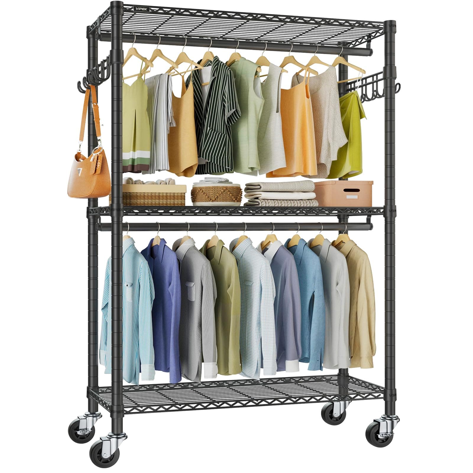 VIPEK R2 Plus Heavy Duty Rolling Garment Rack 3 Tiers Adjustable Wire Shelving Clothes Rack with Double Rods and Side Hooks, Freestanding Wardrobe Storage Rack Metal Clothing Rack, Black