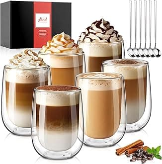 glastal 350ml*6 Glass Coffee Cups, Double Wall Transparent Glasses, Borosilicate Glass Cups for Coffee Milk Tea Latte Macchiato and More