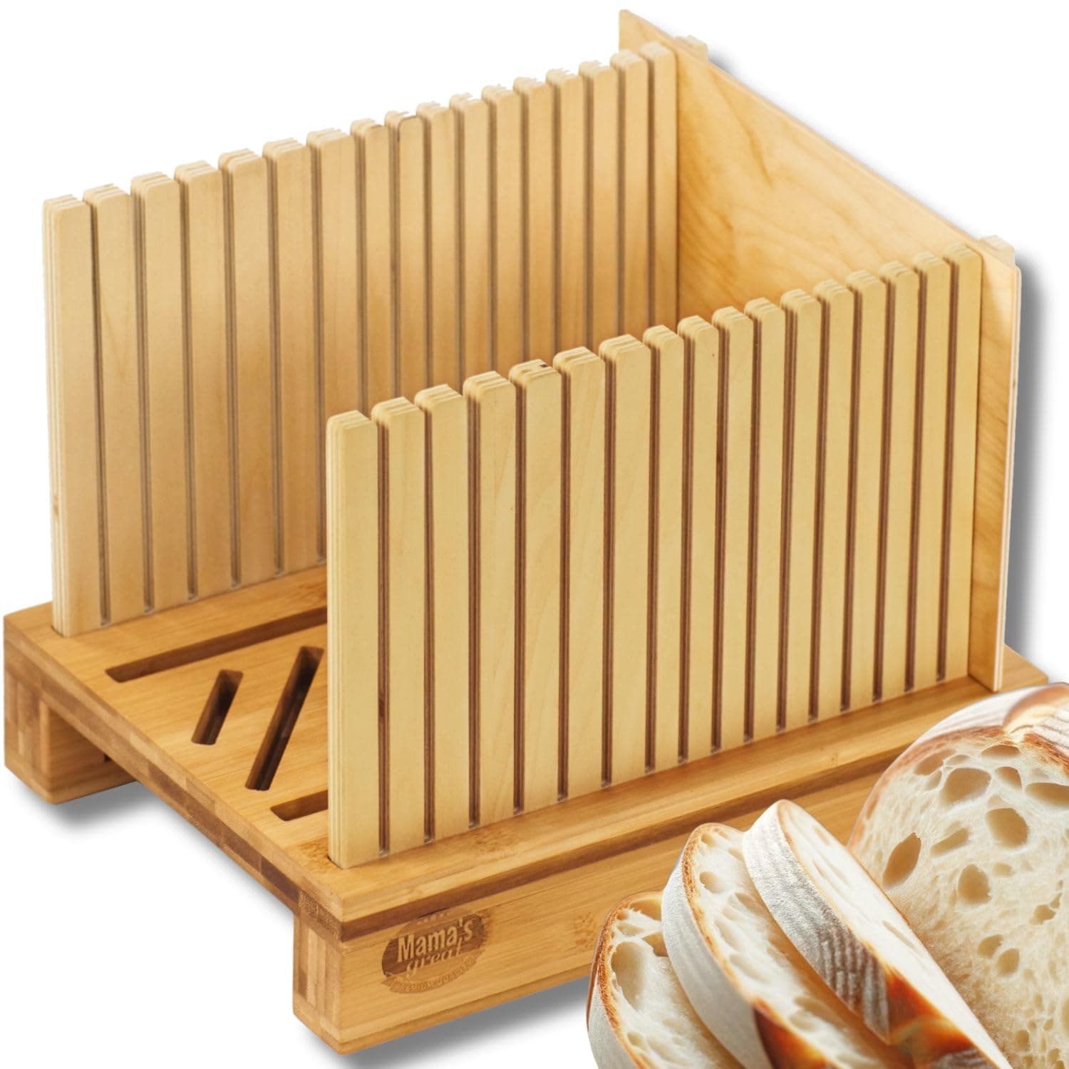 Mama's Great Bamboo Slicer - Adjustable Slice Width Bread Slicing Guides with Sturdy Wooden Cutting Board - Compact & Foldable - Easy Cutting for Bagels & Bread