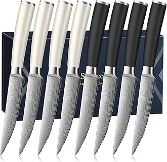 Sunnecko Steak Knives Set of 8,Premium Stainless Steel Serrated Steak Knives Set,Pakkawood Handle 4.5 Inch Kitchen Steak Knife with Gift Box(White/Black Handle)