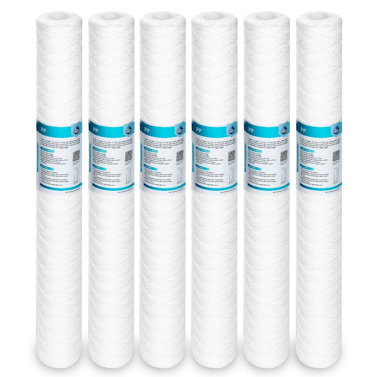 Membrane Solutions 1 Micron 2.5" OD x 20" Length Sediment Water FilterString Wound Polypropylene Cartridge for Whole House Filter Systems - 6 Pack