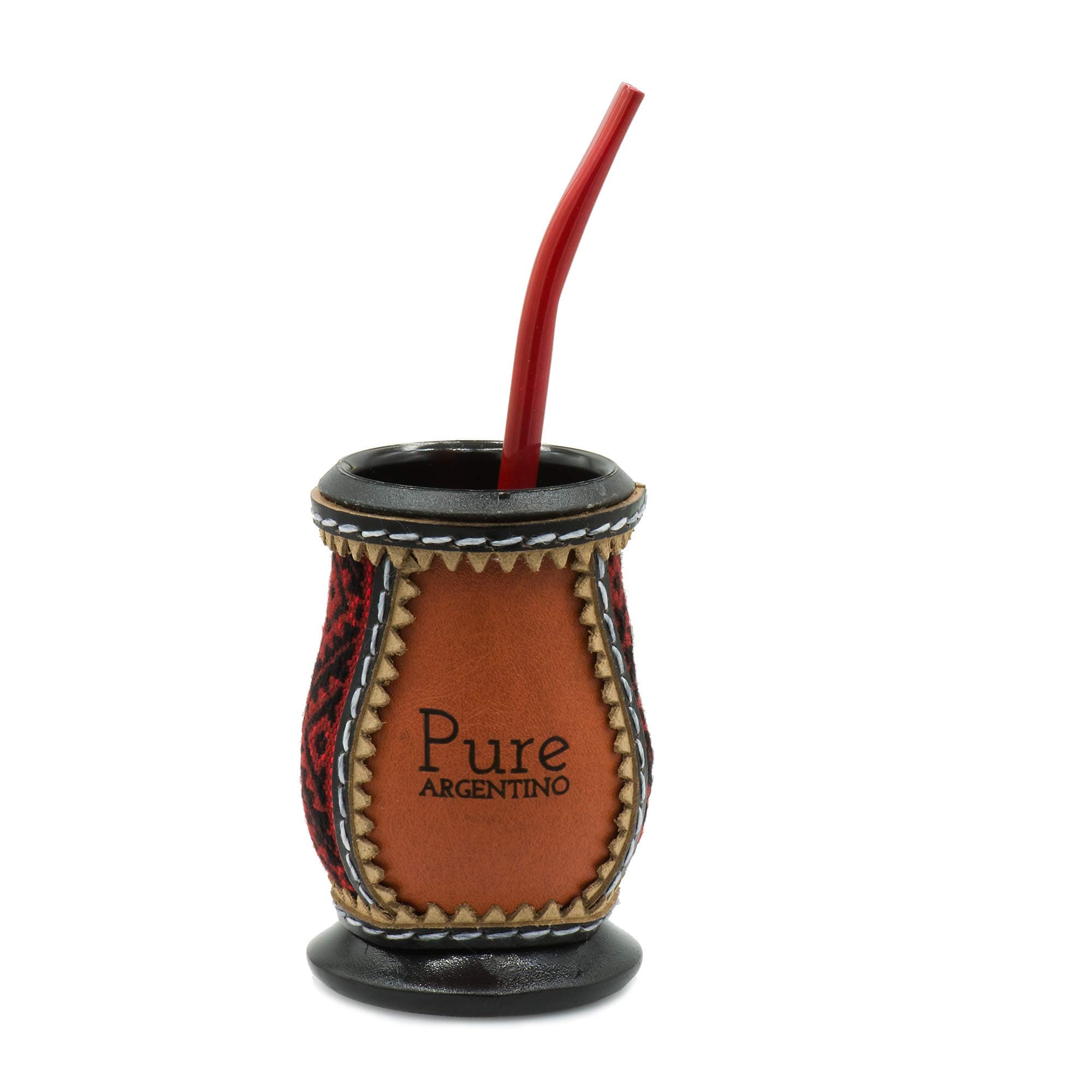 Food grade safe multi-use plastic mate gourd dressed in leather and ethnic weaving. Self-Clean Design (bombilla straw included)