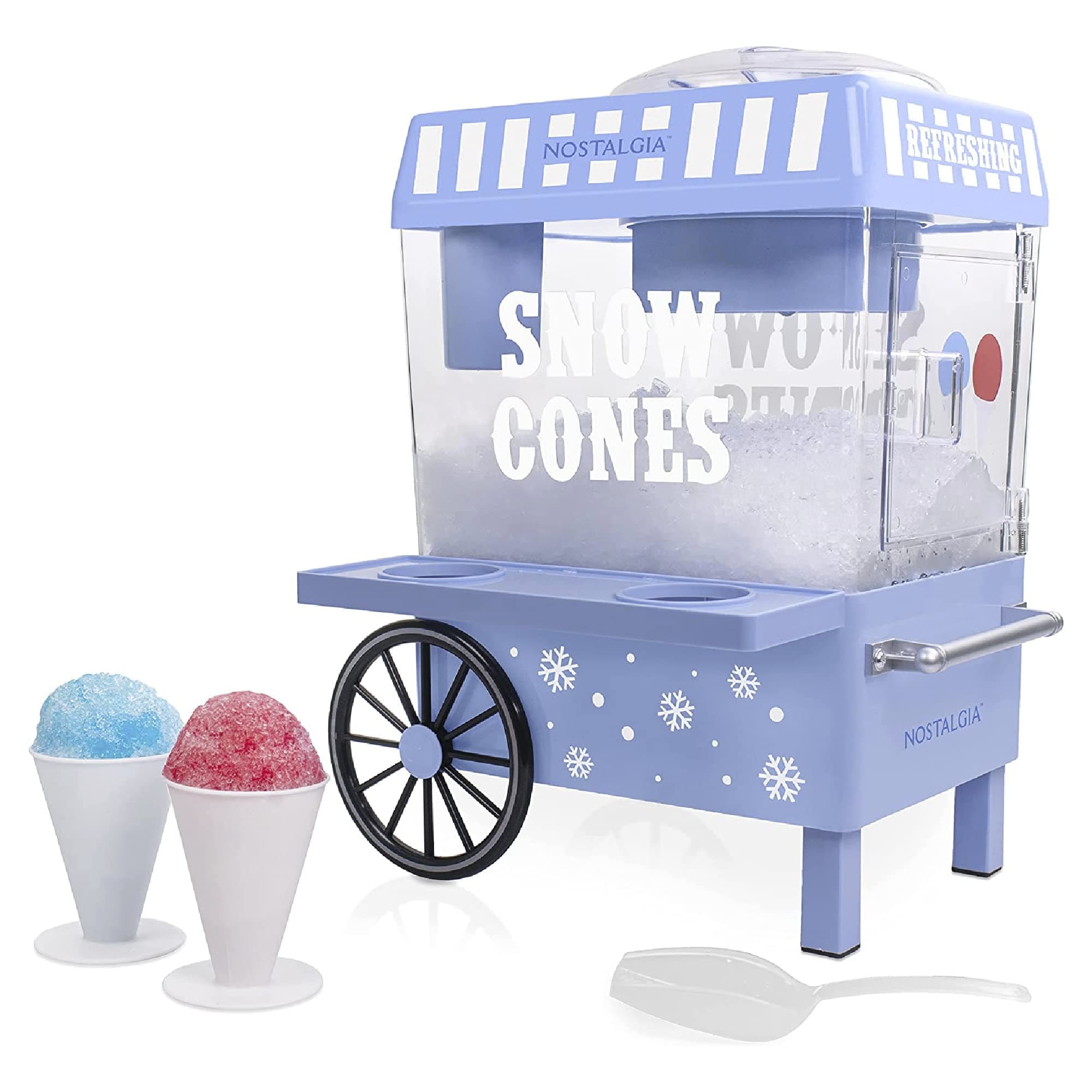 Snow Cone Shaved Ice Machine - Retro Table-Top Slushie Machine Makes 20 ICY Treats - Includes 2 Reusable Plastic Cups & Ice Scoop - Vintage Blue