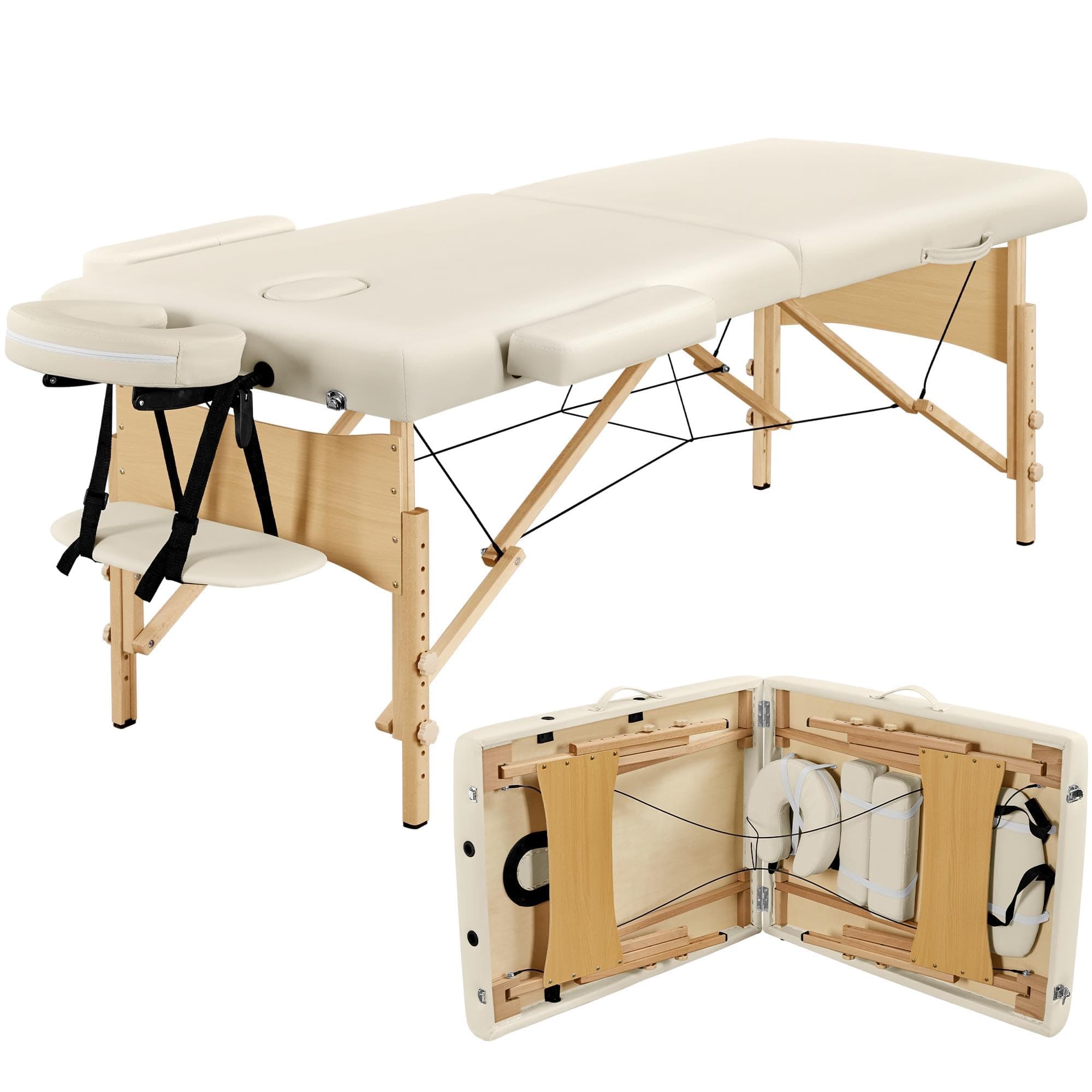 Yaheetech Massage Table Portable Lash Beds Spa Bed Massage Couch Foldable Spa Tables Adjustable 2 Fold with Non-Woven Bag 28 inch, Cream