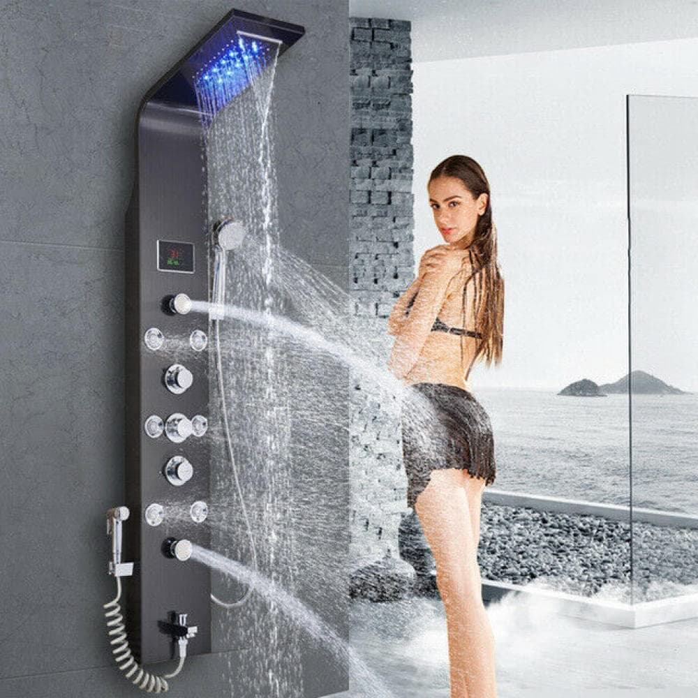 Linyuan Stainless Steel Shower Panel Tower System,LED Rainfall Waterfall Shower Head 6-Function Faucet Rain Massage System with Body Jets