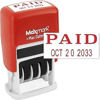 Max Dater Self-Inking Phrase Date Stamp - Red Ink PAID
