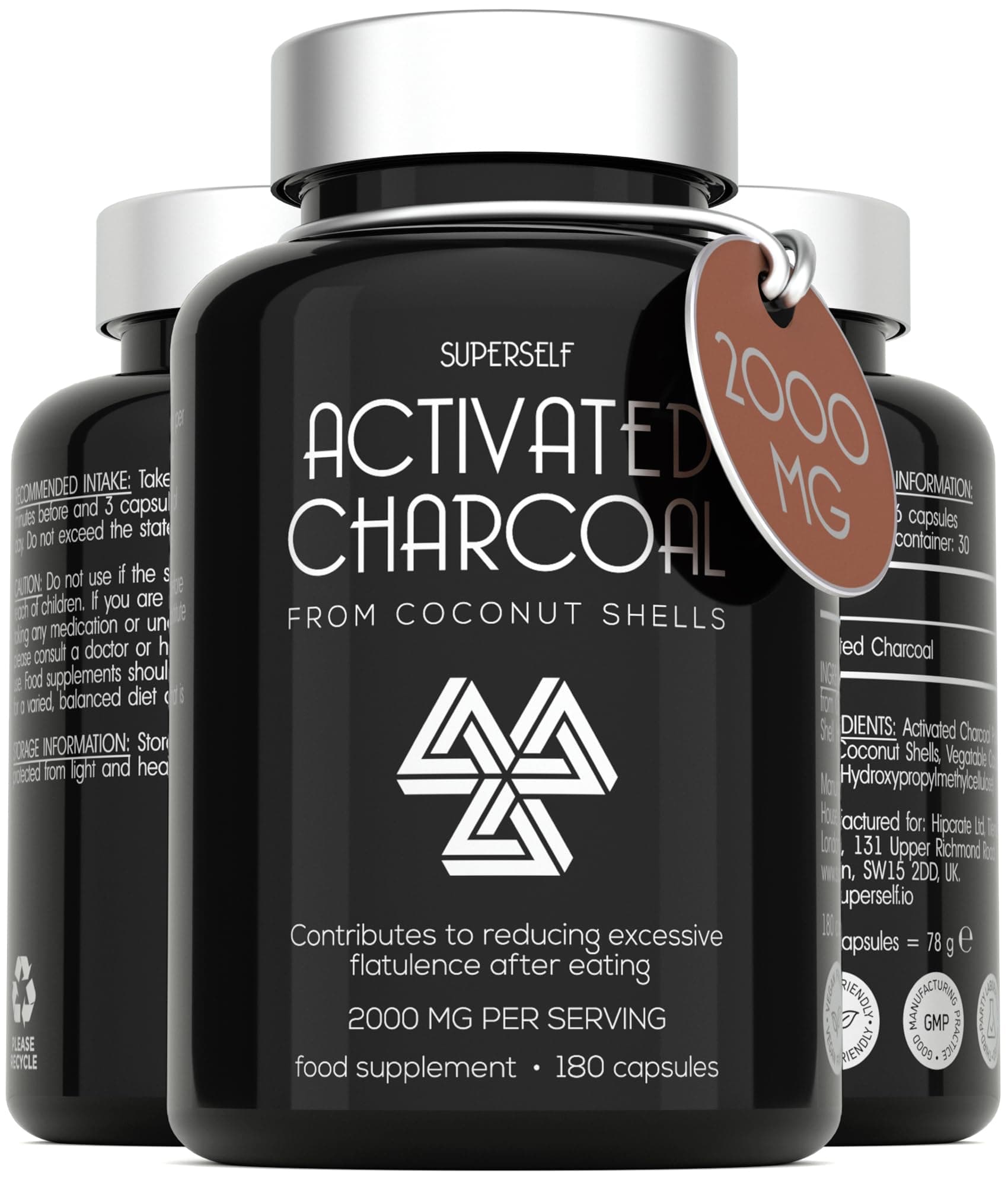 Activated Charcoal Tablets 2000mg - Activated Charcoal Capsules for Flatulence - 180 Capsules - 100% Pure Charcoal from Coconut Shells - 6 Caps Dose - Active Carbon Stomach Supplement for Adults