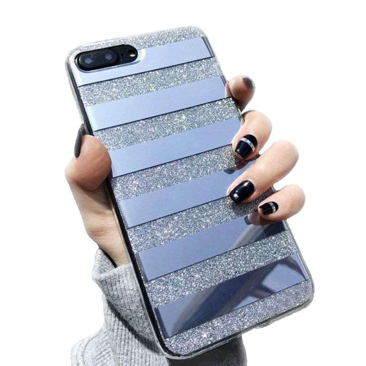 iPhone 7 Plus/iPhone 8 Plus Case for Girls,Opretty Bling Luxury Glitter Pretty Cute Powder Phone Case Mirror Reflex Striped Stars Pattern Back Cover for iPhone 7Plus / 8Plus-Silver