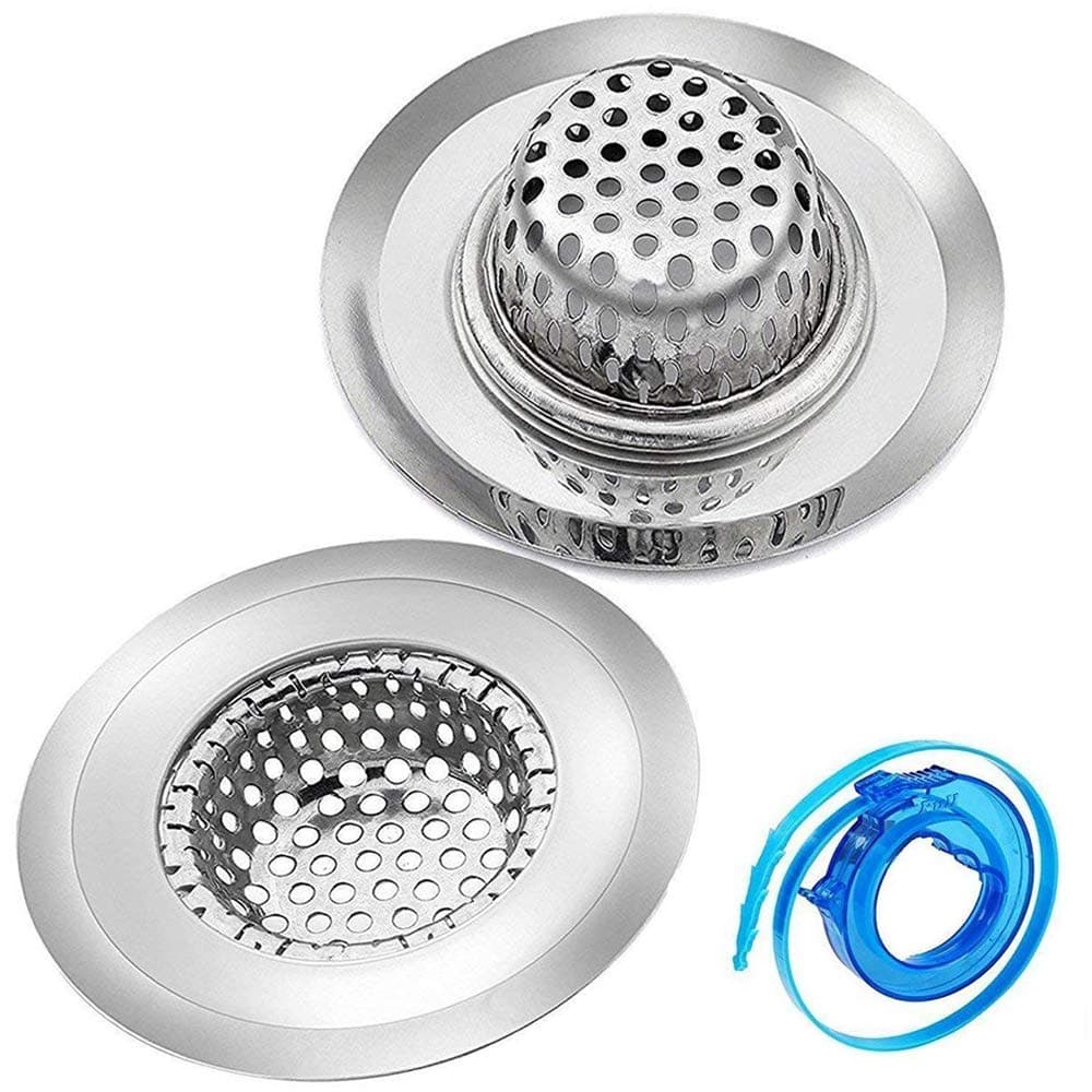 Cymax Kitchen Sink Strainer Filter Set - 2 Pack Stainless Steel Basket Strainer + 1 Pack Extra Drain Cleaning Tool - Large Wide Rim 4.5" Diameter - Perfect for Kitchen Sinks