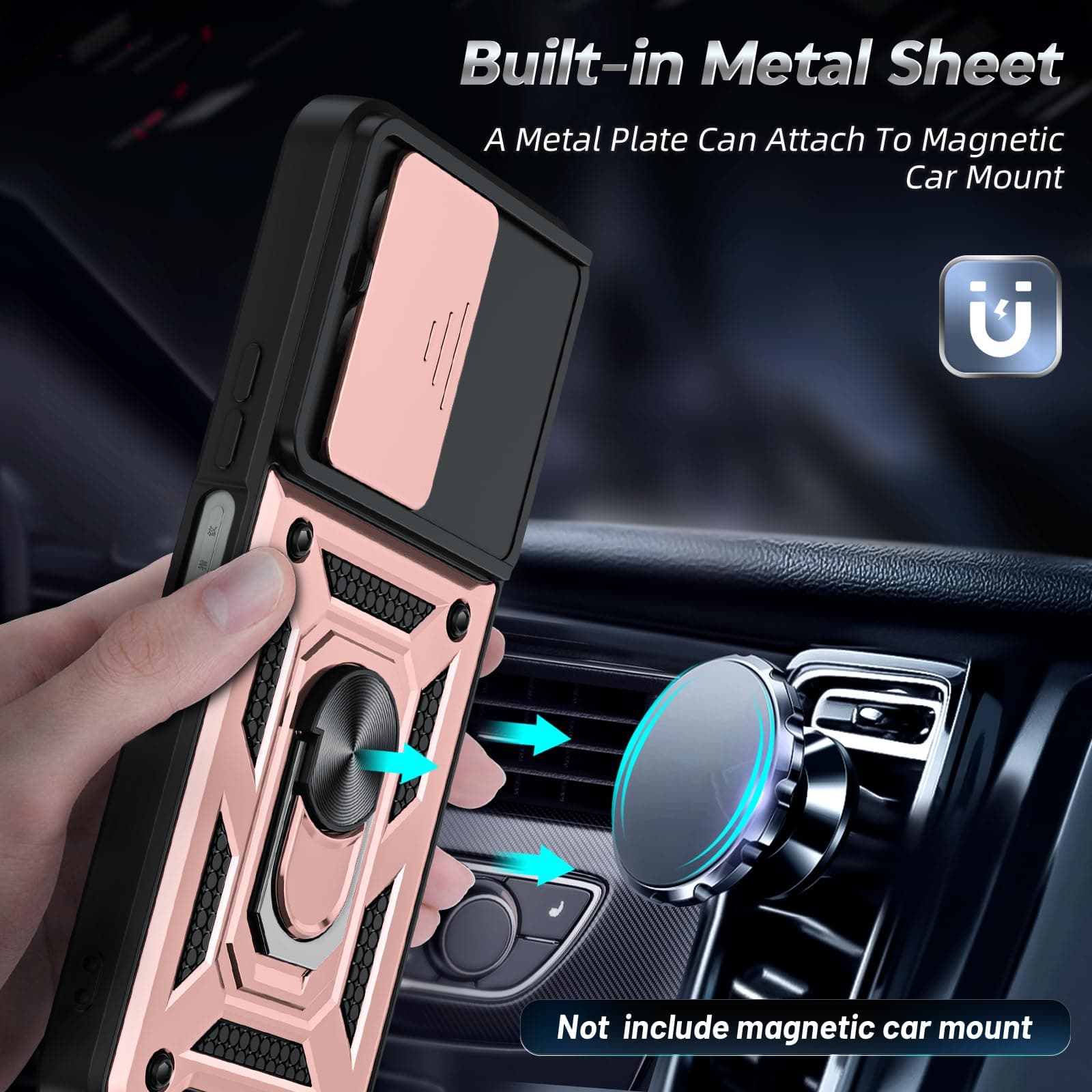 LeYi for Honor X6b Phone Case, 2 Pack Screen Protectors, Ring Stand Holder, Military Shockproof Rugged Mobile Phone Cover with Camera Lens Slide Design for Honour X6b 4G, Rose Gold