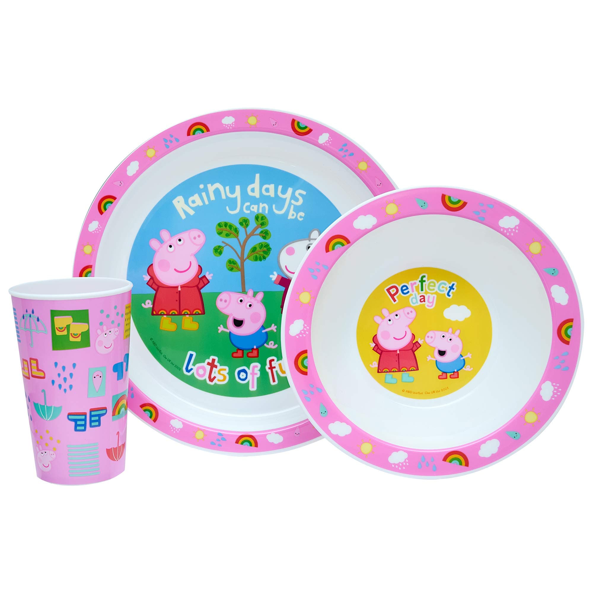 Peppa Pig Perfect Day 3 Piece PP Tableware Set Childrens Peppa George Muddy Puddles Plate Bowl Tumbler Dinnerware, Re usable Plastic, Pink