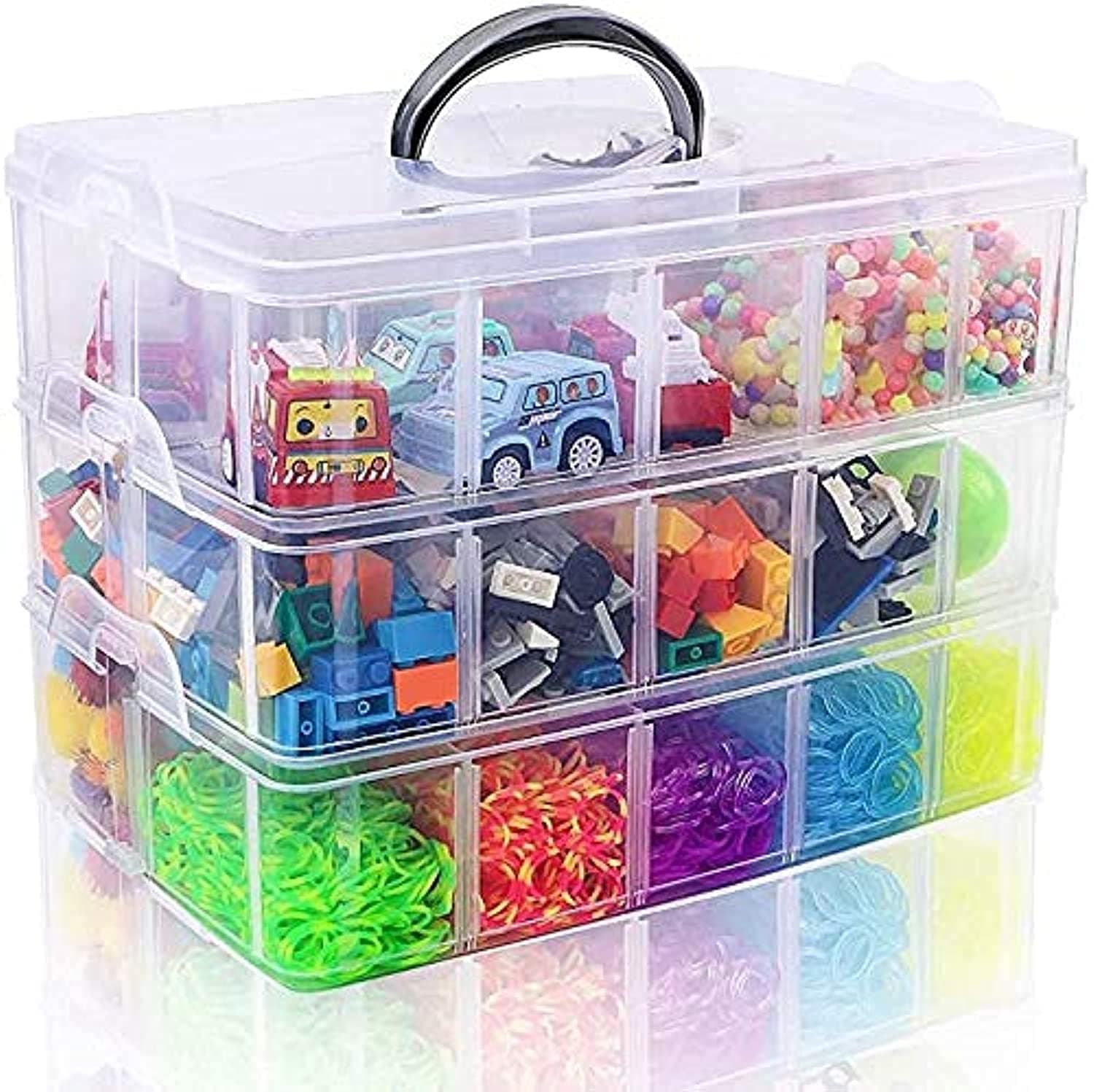 KASTWAVE 3-Tier Stackable Storage Container Box with 30 Compartments, Plastic Storage Box for Toys Arts and Crafts,Fuse Beads, Washi Tapes