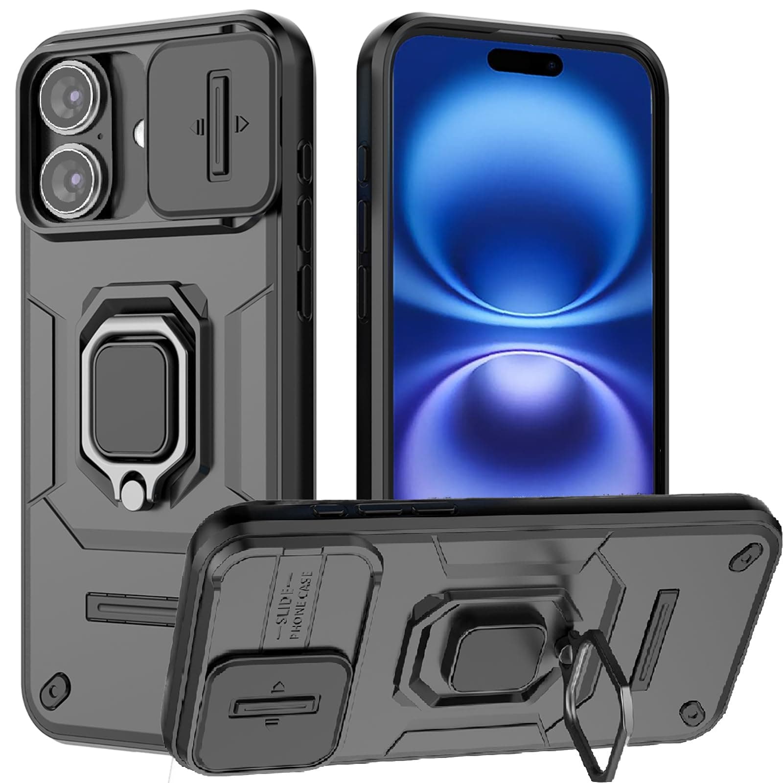 for iPhone 16 Case with Sliding Camera Cover and 360° Rotate Ring Kickstand Heavy Duty Protective Shockproof Protective Phone Case for iPhone 16 Cover,Black