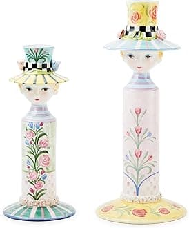 MACKENZIE-CHILDS Set of 2 Rosy Meadow Lady Ceramic Candle Holders, Candle-Holder Decor