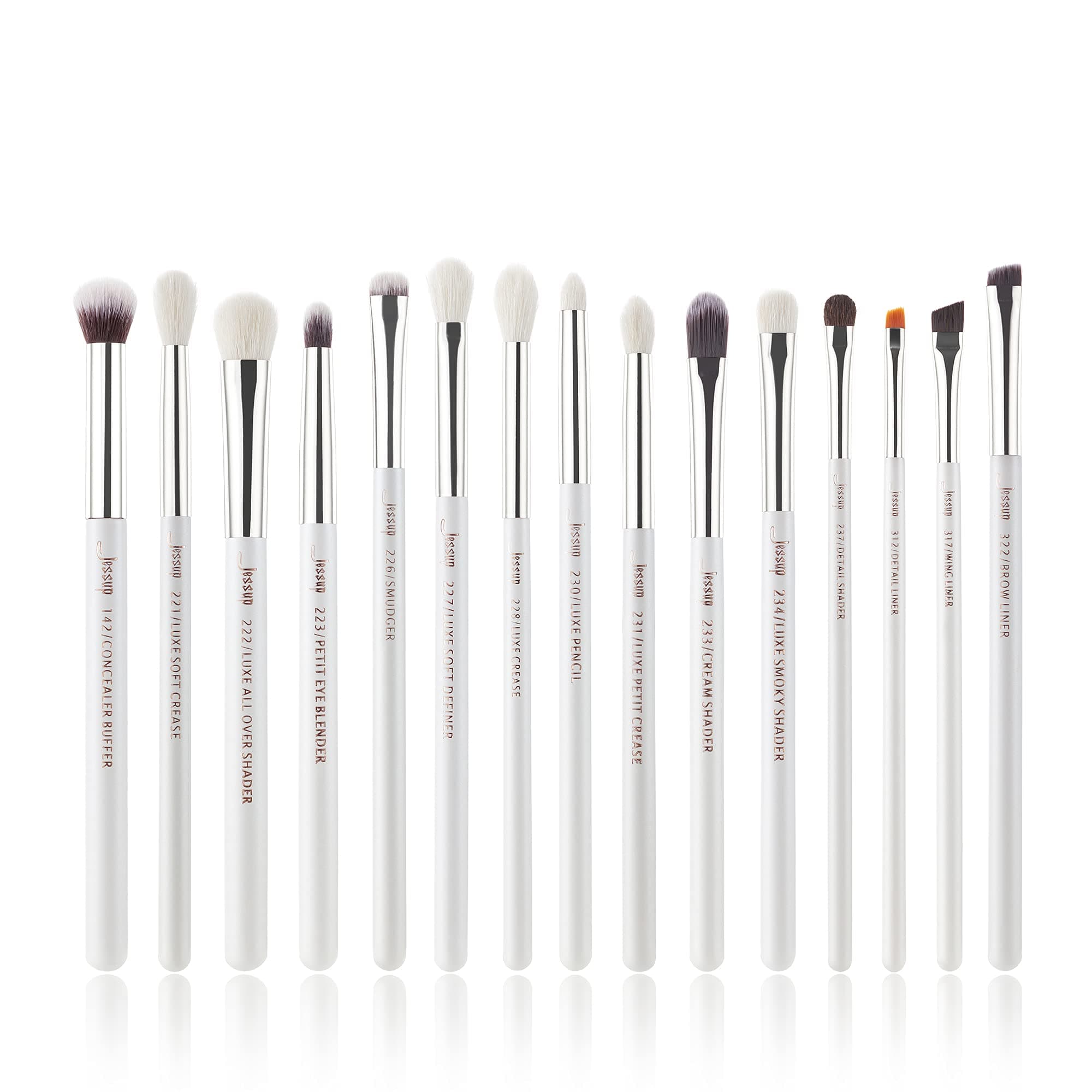Jessup Small Eye Makeup Brush Set Professional 15pcs White/Silver Premium Natural-synthetic Eye Shadow Blending Concealer Eye & Brow Liner Brushes, T237