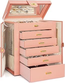 AKOZLIN Large Jewelry Box Organizer Functional with Big Mirror, Leather Jewelry Storage Case for Women Girls Ring Necklace Earring Bracelet Holder Organizer Pink