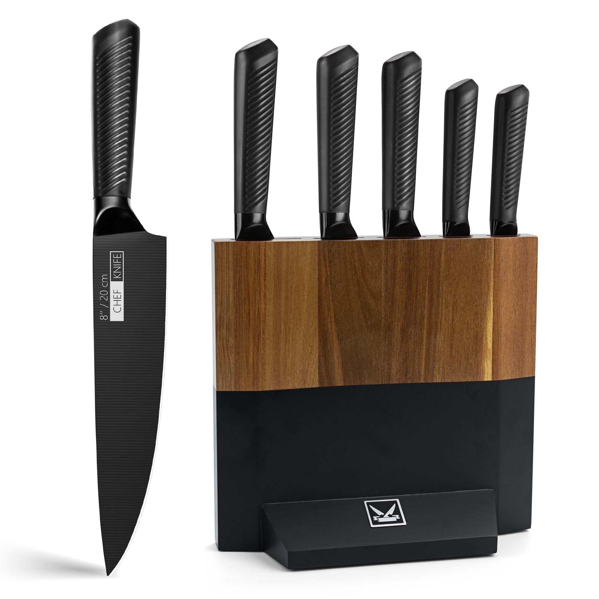 CFORM Kitchen Knife Set with Block, 6 PCS High Carbon Professional Stainless Steel Sets Chef, Bread, Slicer, Utility, Paring Non-Slip Frosted Handle, Block Knives