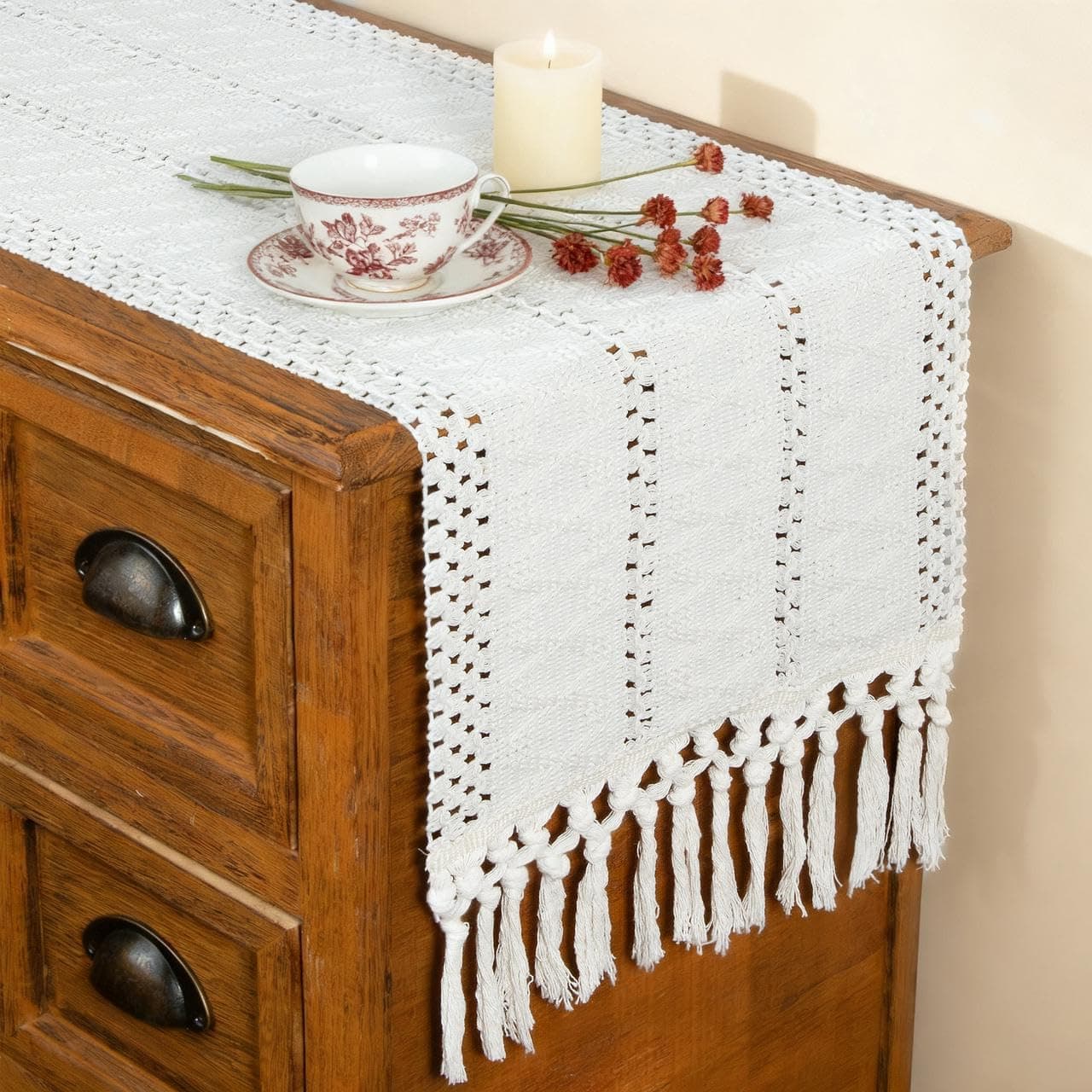 Boho Macrame Table Runner with Tassels 108 Inches Long Creamfor Farmhouse Home Decor Bohemian Dining Bedroom Decor Rustic Bridal Shower (12x108 Inches)
