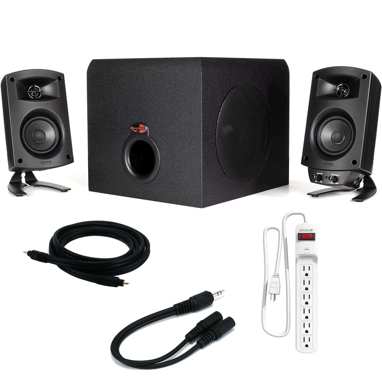 Klipsch ProMedia 2.1 THX Certified Computer Speaker System Set 1011400 with 2 Speakers and Subwoofer Bundle with Stanley Surge Protector & Cable Kit