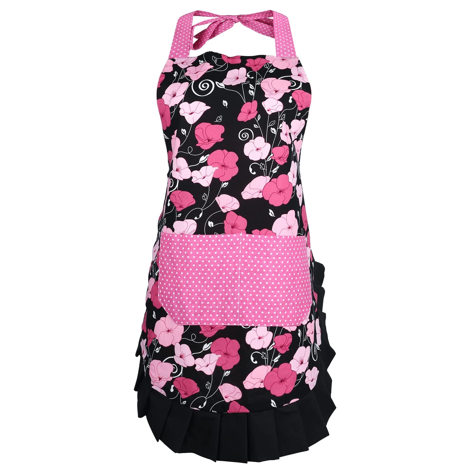 G2PLUS Cotton Kitchen Apron with Pocket, Adjustable Cooking and Baking Apron for Women, Floral Chef Apron for BBQ, Housewarming Gift, Farmhouse Kitchen Decor (Pink + Black)