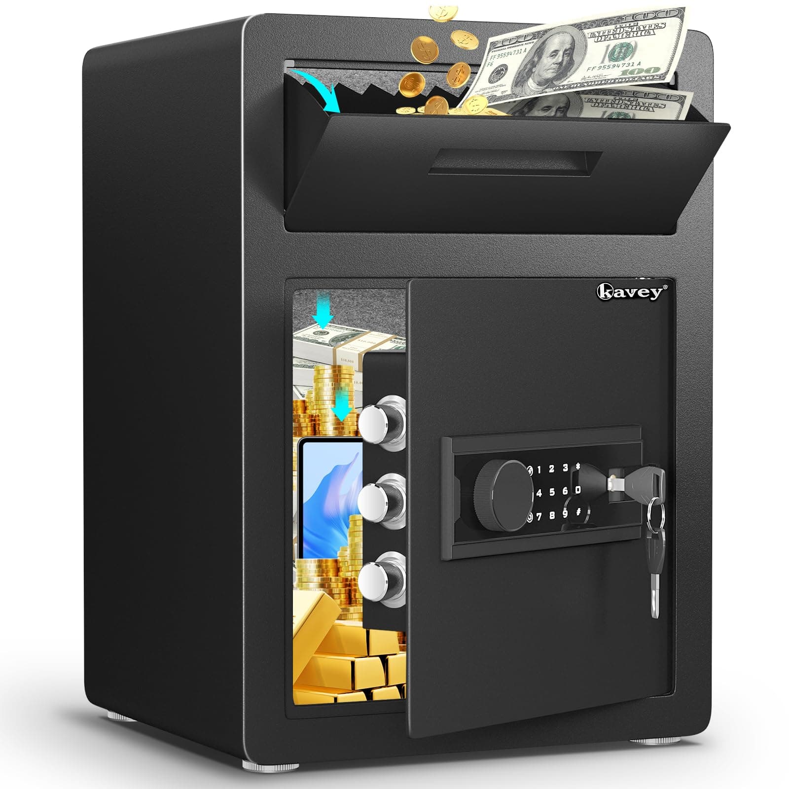 Kavey 2.6 Cub Fireproof Safe, Deposit Box with Drop Slot, Drop Safe for Business, Money Box with Backlit Touch Keypad & Dual Alarm for Home