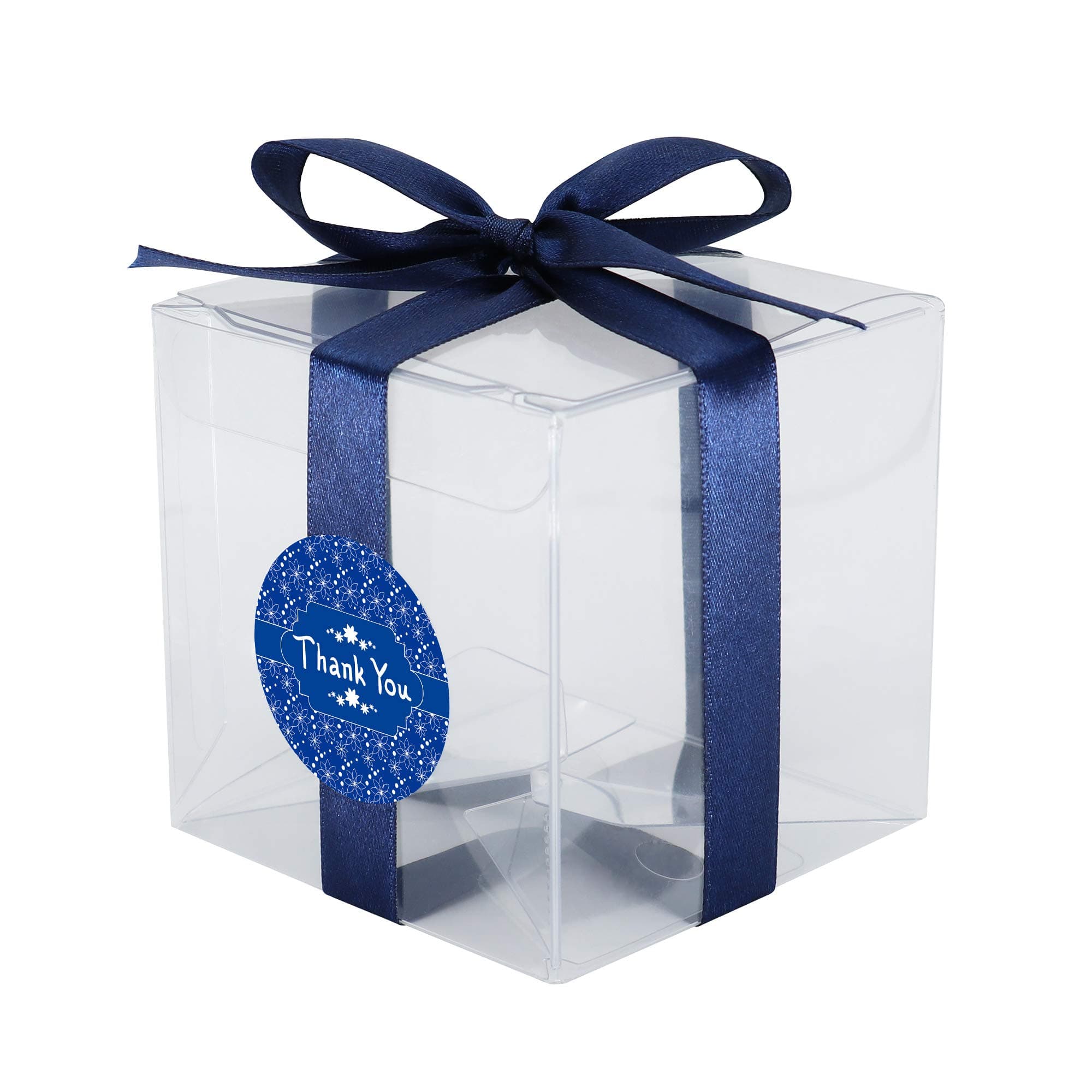 Gechtas 20Pcs PET Crystal Clear Cube Gift Boxes, 8 x 8 x 8cm, Food Safe, 0.3mm Thick, with Navy Blue Ribbon and Thank You Stickers, for Wedding, Shower, Party Favors (#A)