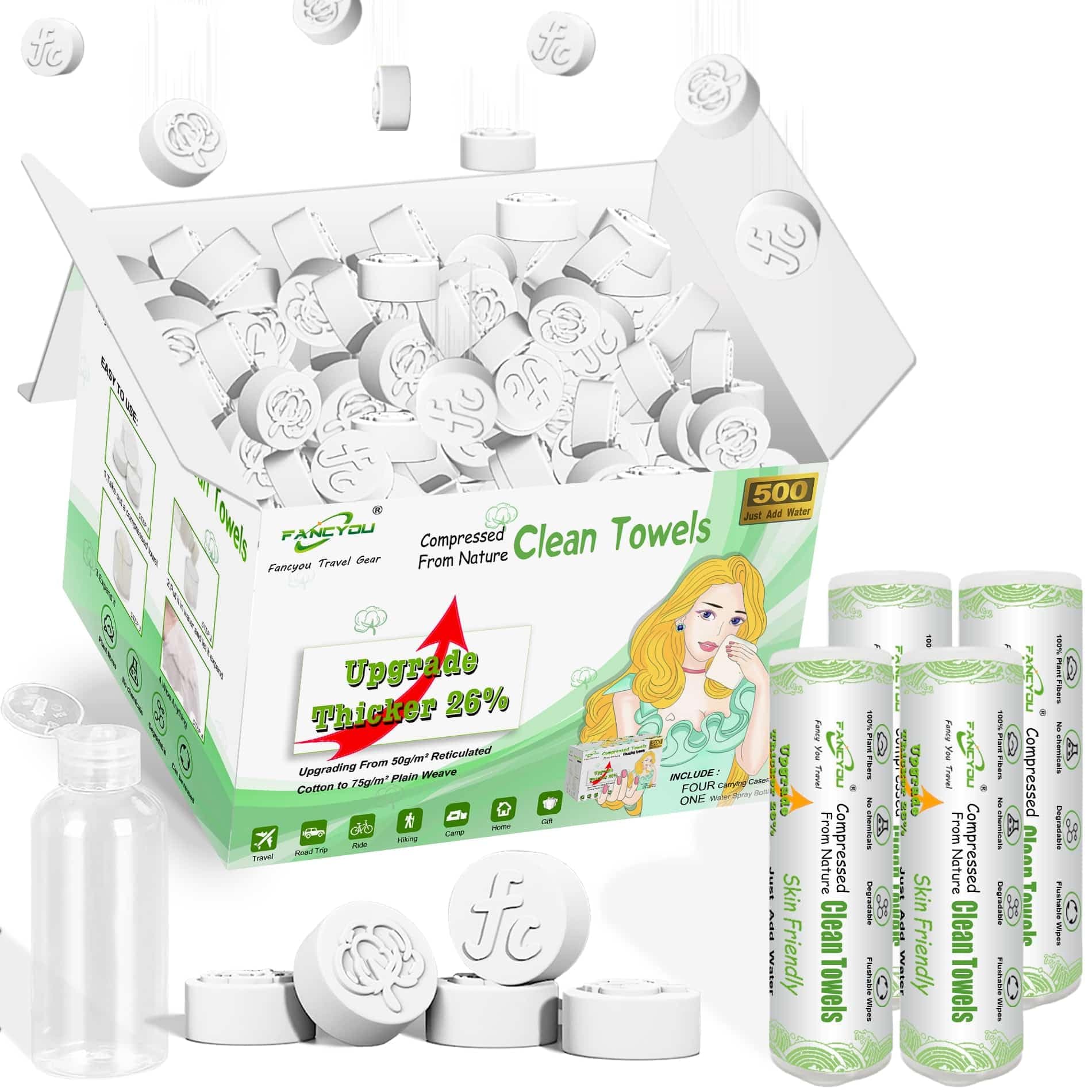 Compressed Towel Tablets Bulk 500 Pcs with 4 Dispenser, Mini Coin Tissue Cotton Biodegradable Disposable Washcloths, Portable Facial Towels for Home Travel Office Camping Gym Supplies