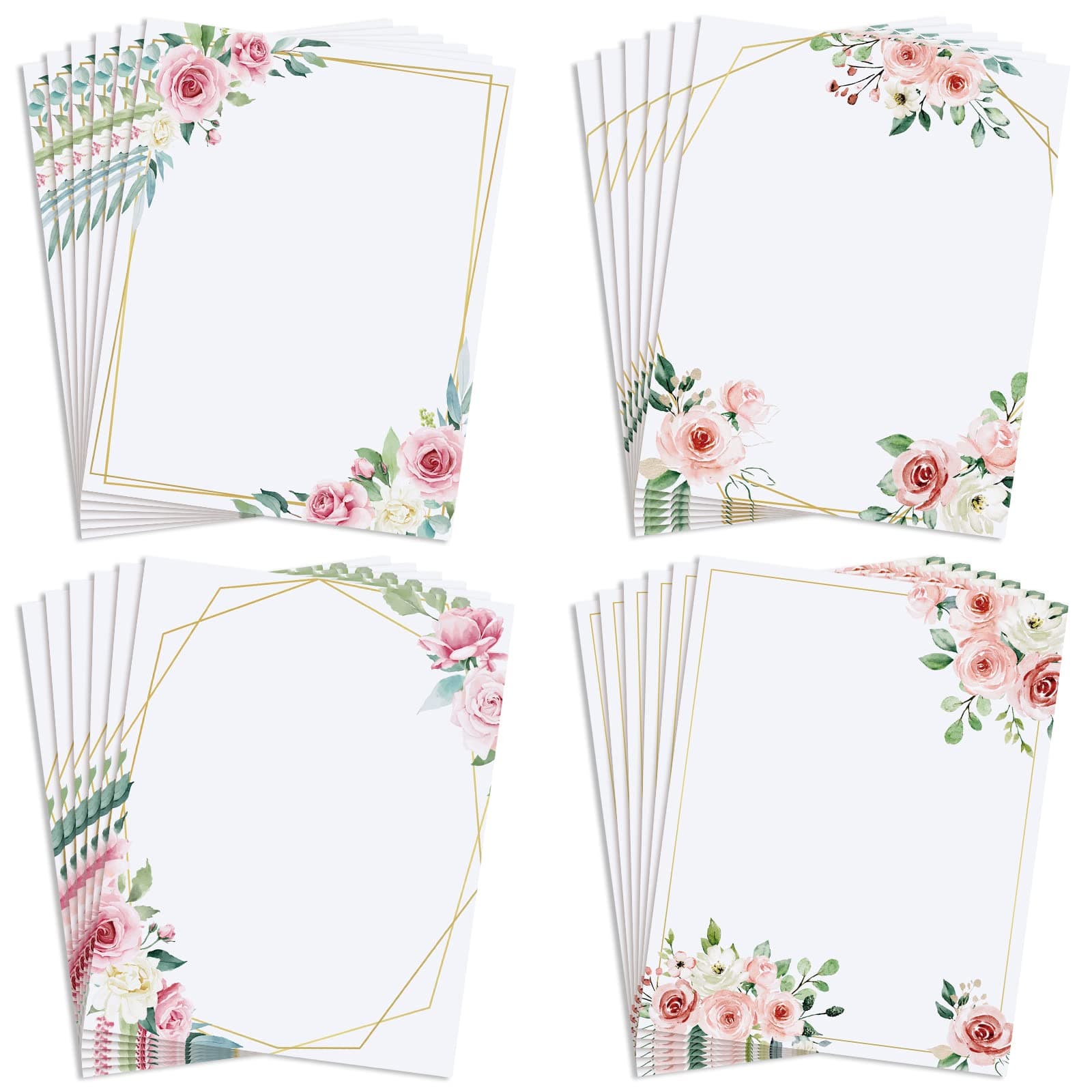 Teling 48 Sheets Decorative Printer Paper Writing Scrapbook Wedding Program Paper 8.27 x 10.6 Inches Greenery Flower Border Writing for Drawing Office Thank Greeting Stationery Supplies (Rose)
