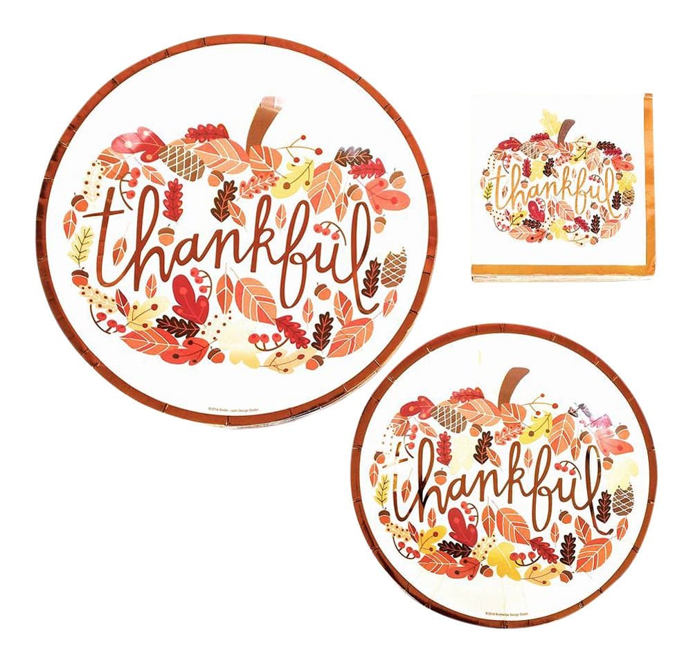 Thankful Thanksgiving Dinnerware Bundle - 3 Items: Dinner Plates, Dessert Plates, Beverage Napkins