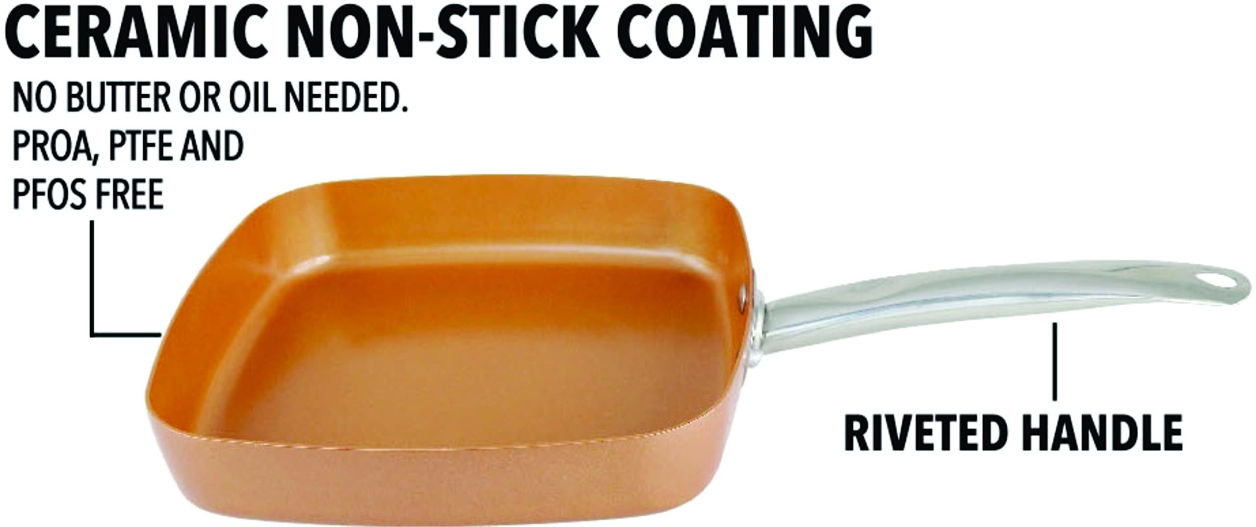Copper Pan Square 9.5 Inch Non Sick Ceramic Infused Dish Washer Safe