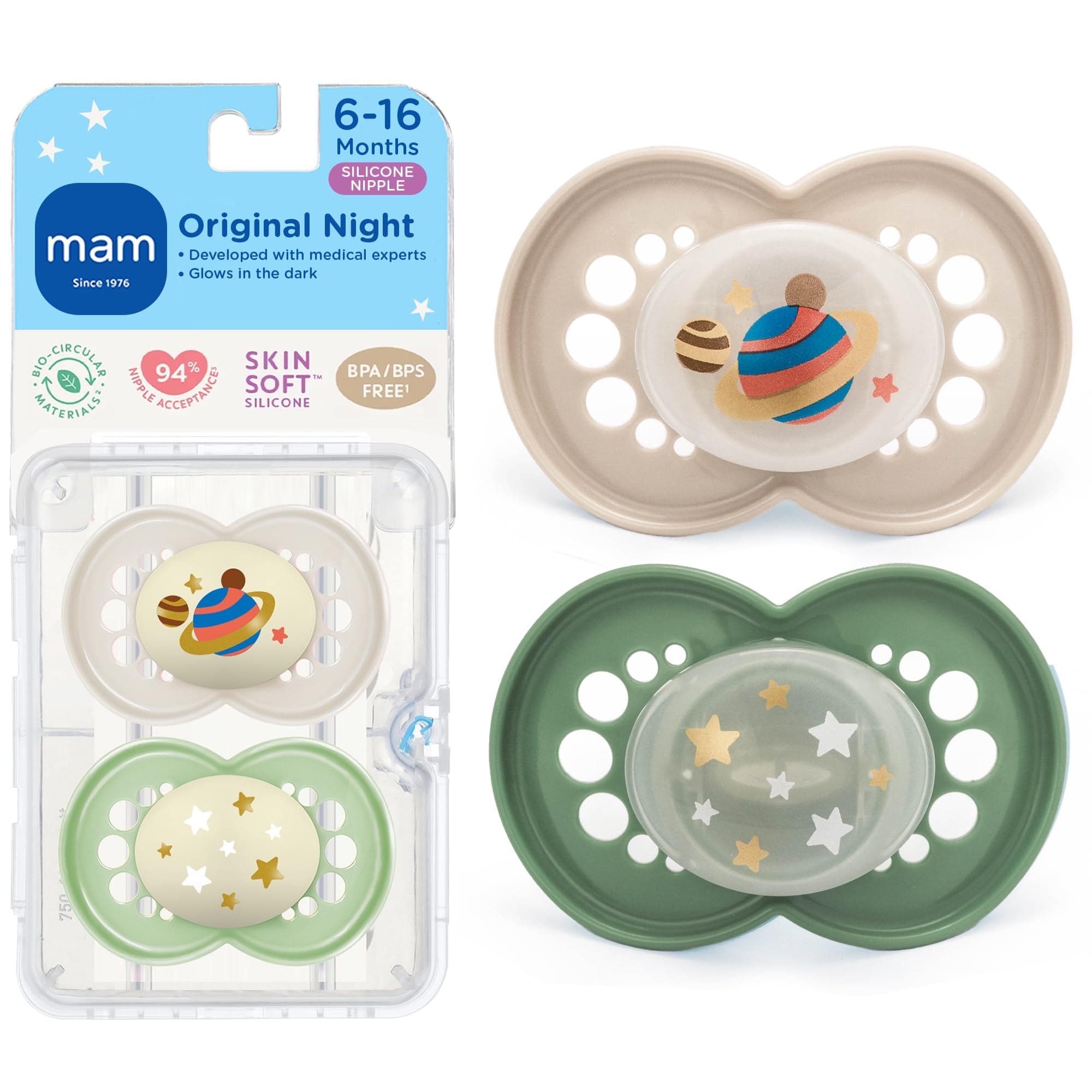 MAM Original Night Pacifiers, Binky Pacifier for 6-16 Months, BPA-Free Silicone, Glows in The Dark, Best for Newborn Babies, Developed with Medical Experts, 2 Count Binkies, with Sterilizer Case