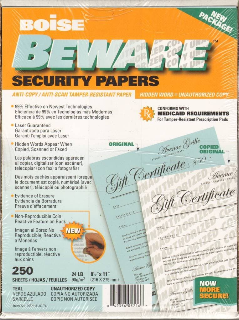 Boise Beware Security Papers 250 sheets Anti-Copy/Anti-Scan/Tamper Resistant 24 LB. Paper