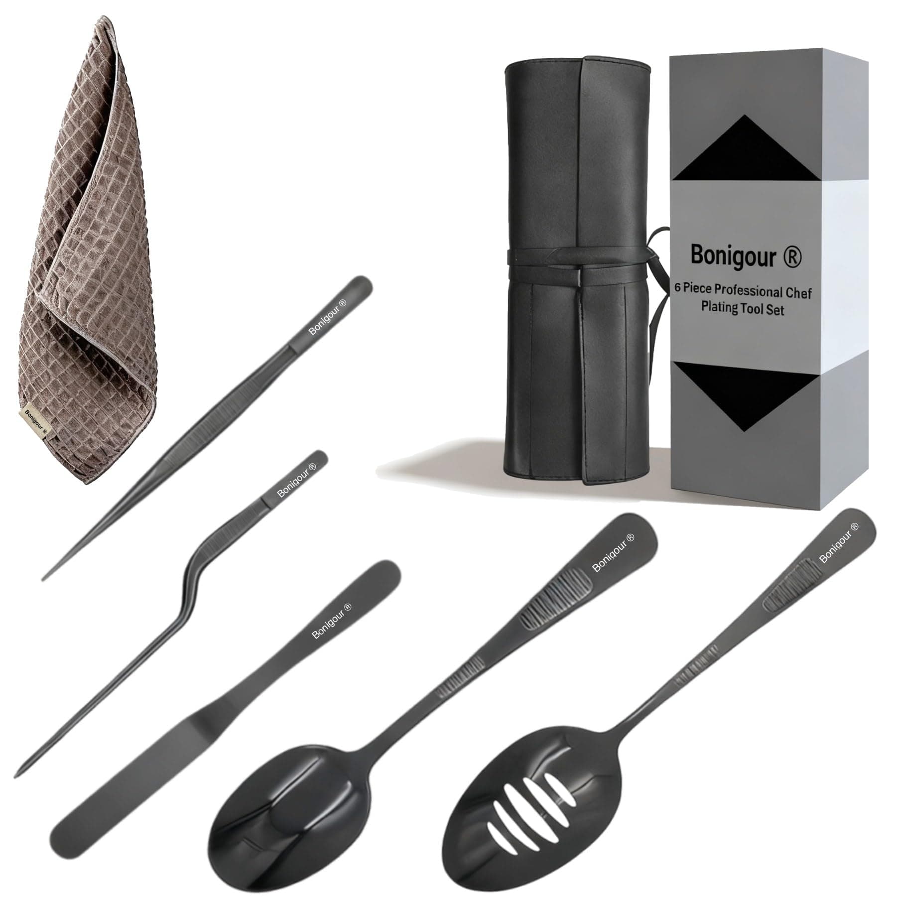 Plating Tool Culinary Set, 6 Piece Professional v Kit, Chef Plating Utensils, Spatula, Tweezers for Modernist Cuisine Food Art, Black, Cooking Utensils (Black)
