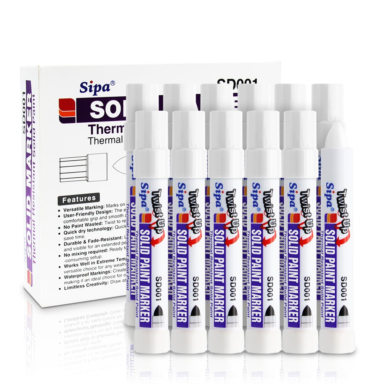 Sipa 12 Pack Permanent Solid Paint Markers, Waterproof Weather Resistant Twist Long-Lasting Paint Pens for Window, Wood,Metal and Glass Rubber Marker, Gifts for Construction, HVAC or Plumbing(White)