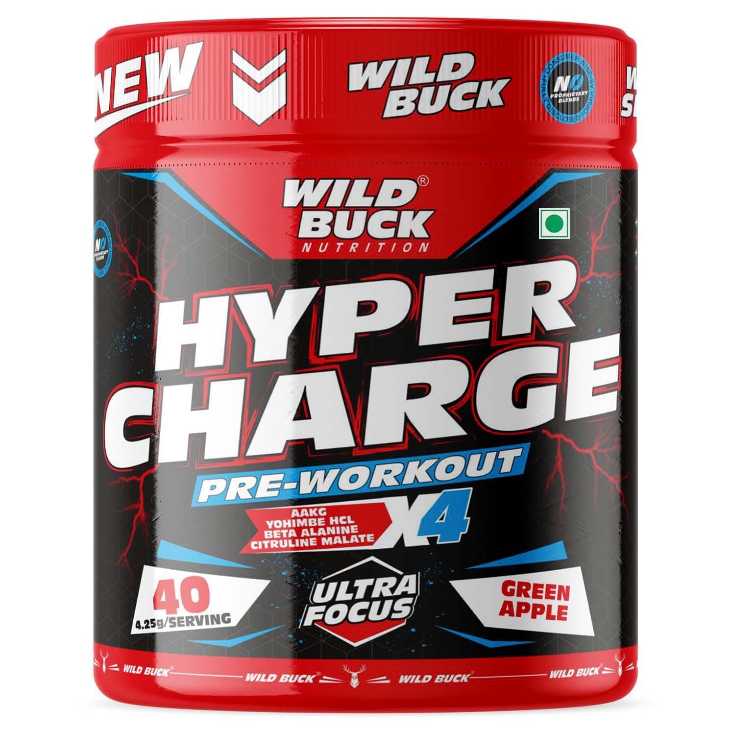 Hyper Charge Pre-X4 Hardcore Pre-Workout Supplement Powder with Creatine Monohydrate,Arginine AAKG,Beta-Alanine,Caffeinated Punch-For Unisex [40 Serving,Green Apple], 4.25 grams