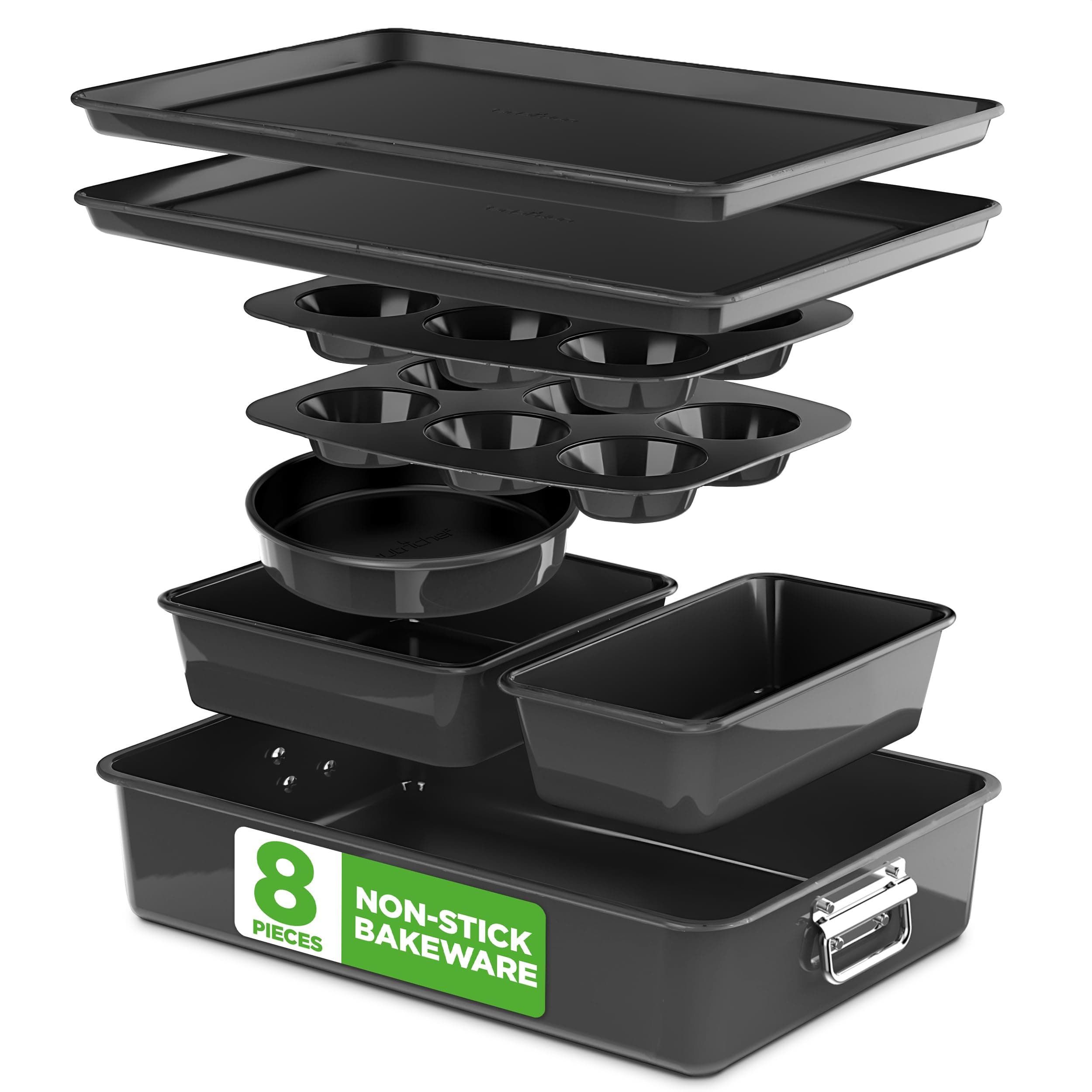 NutriChef 8-Piece Stackable Nonstick Bakeware Set - Premium Steel Baking Pans Set - Includes Round Cake Pan, 6-Cup Muffin Pans, Wide/Square Brownie & Loaf Pans, Cookie Sheet, & Roaster Pan (Black)
