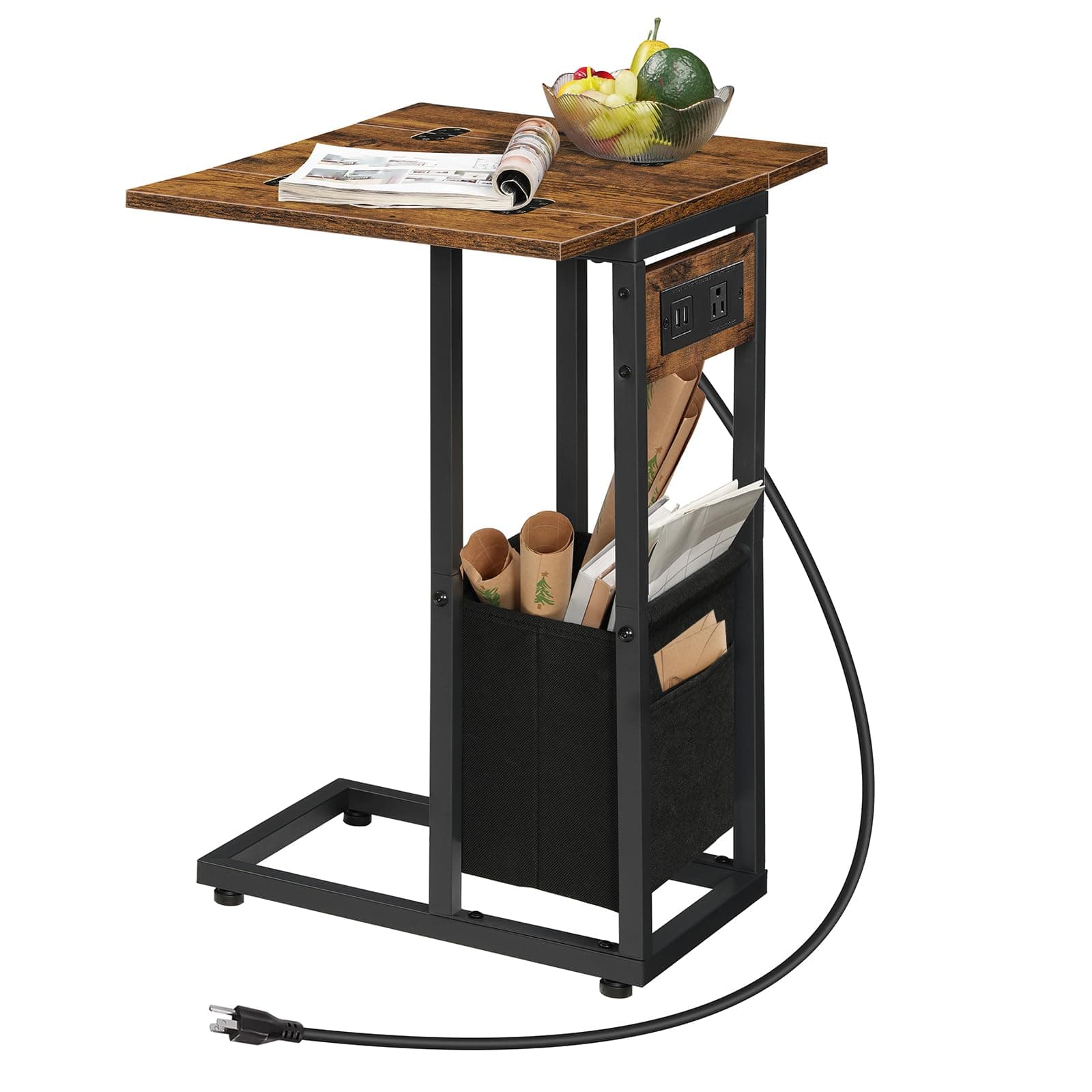 HOOBRO C Shaped Side Table with Charging Station, Foldable End Table with Fabric Bag, Sofa Couch Tray Table for Small Space in Living Room, Bedroom, Rustic Brown and Black BF30USF01